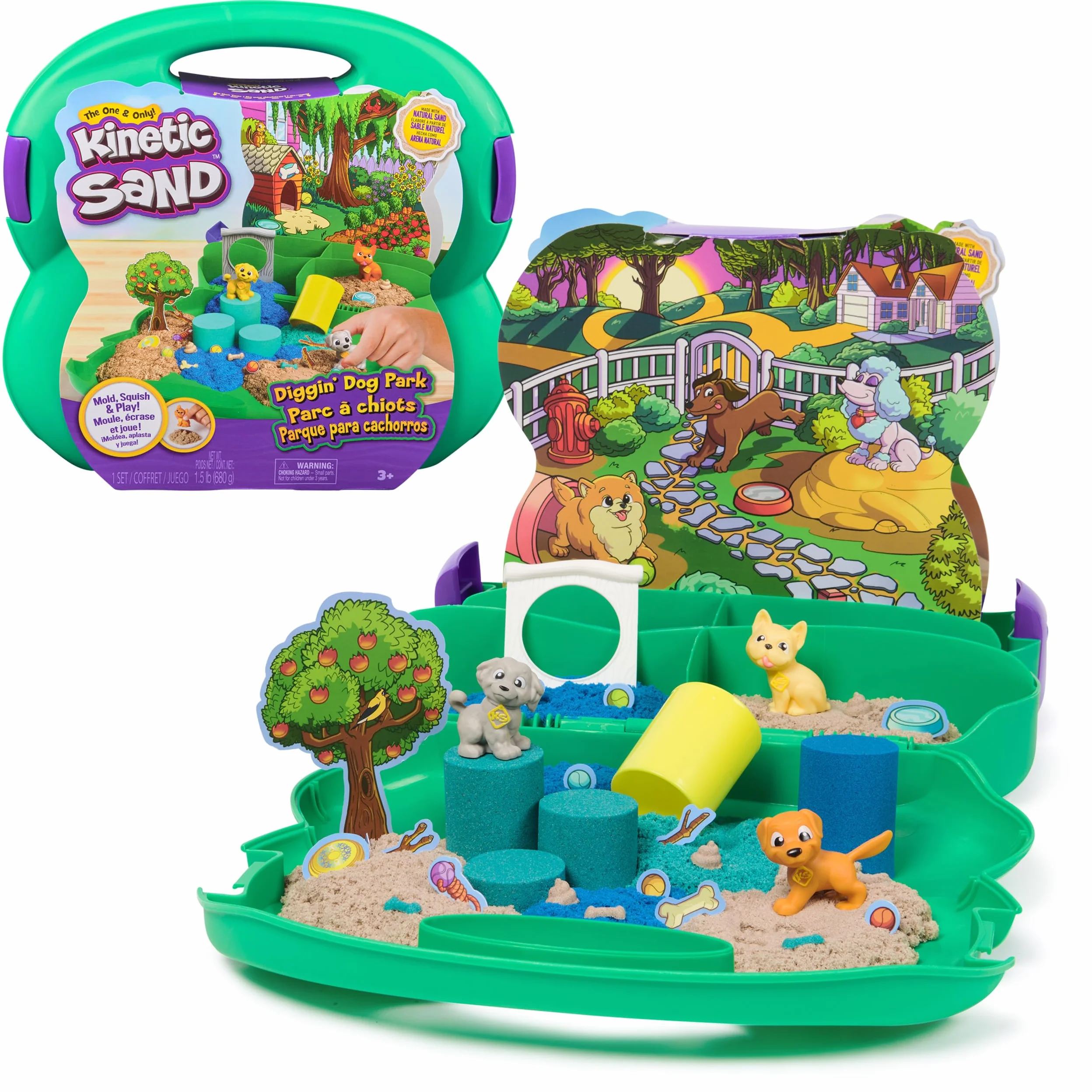 Kinetic Sand Walizka dla psów Park – 680 g piasku, 3 psy, 2 narzędzia do piasku i akcesoria, od 3 lat