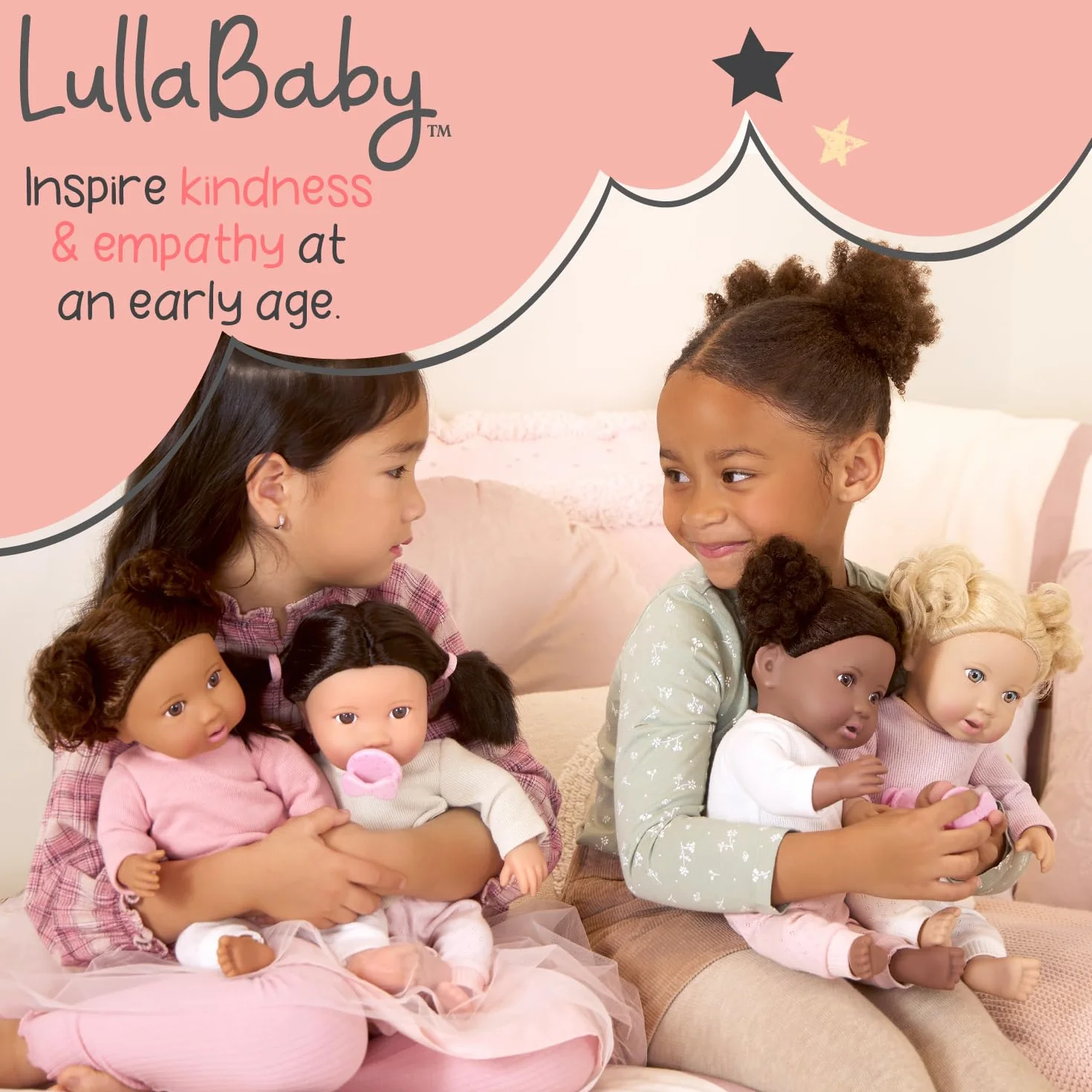 LullaBaby Składany kojec – różowe łóżeczko – gwiazda – nadruk – 35 cm akcesorium do pokoju dziecięcego dla lalek – zabawa w udawanie – kojec dla dzieci od 2 roku życia