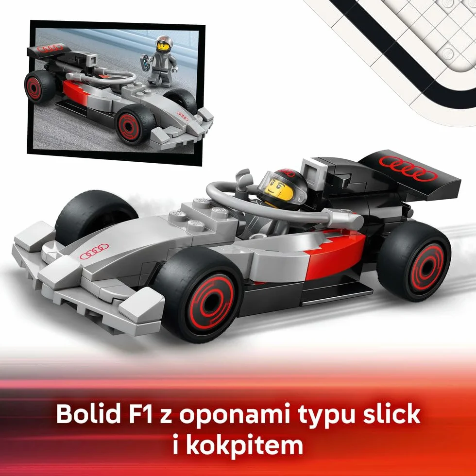 LEGO City Ciężarówka F1 z bolidem Audi F1, zabawka dla dzieci do zbudowania, pomysł na prezent dla 7-latka, dla chłopca i dziewczynki na urodziny, ozdoba na biurko dla fana wyścigówki z klocków 60493