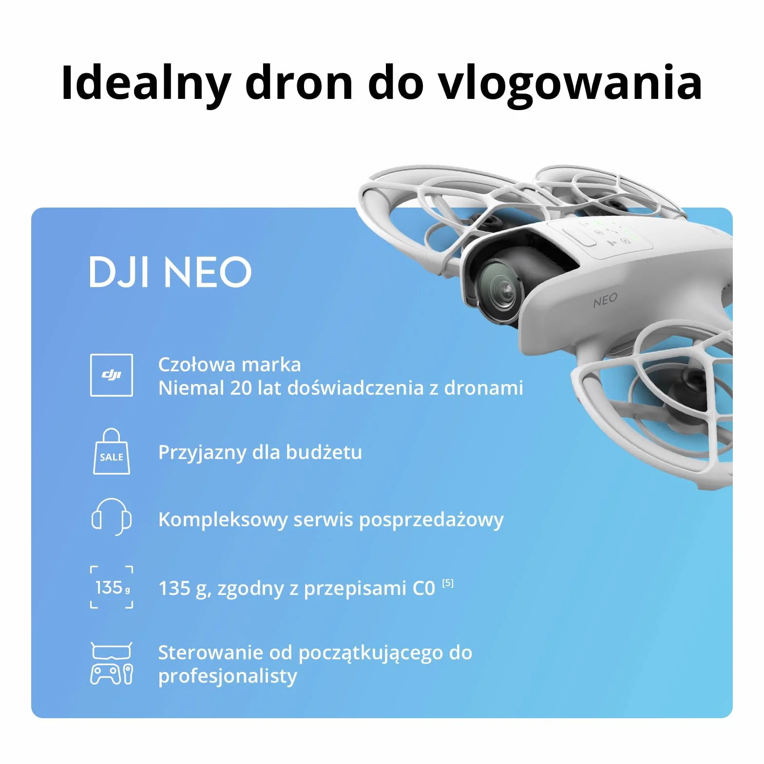 DJI Neo, mini dron z kamerą 4K UHD dla dorosłych, 135 g samodzielnie latający dron śledzący użytkownika, start z dłoni, śledzenie obiektu, QuickShots, stabilizacja wideo (nie wymaga kontrolera)