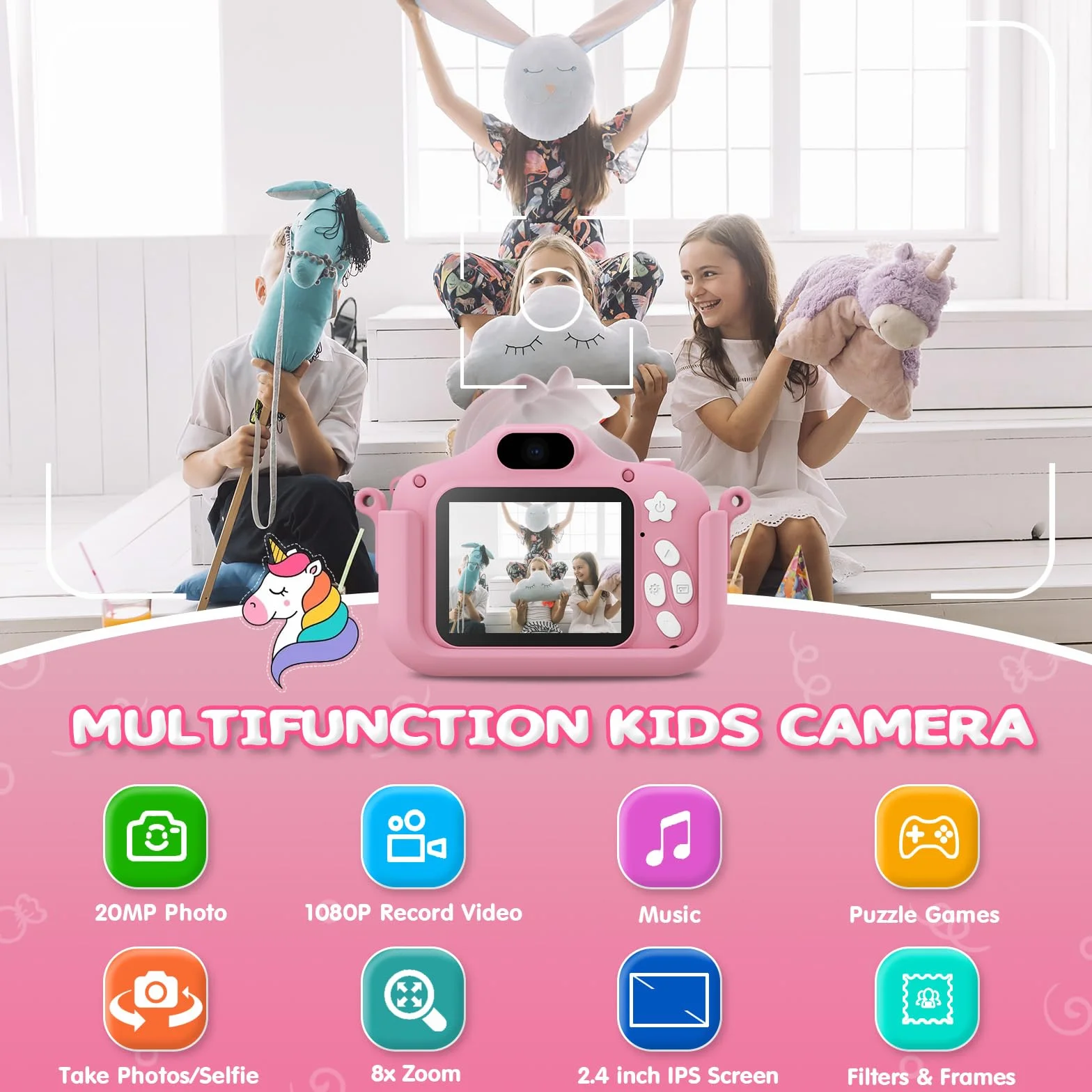 Kamera dla dzieci CAMCLID, aparat cyfrowy dla dzieci 2,0" 1080P HD dla dziewcząt i chłopców z kartą 32 GB, kamera wideo Urodziny, zabawki świąteczne Prezenty dla maluchów w wieku 3–10 lat (różowy)