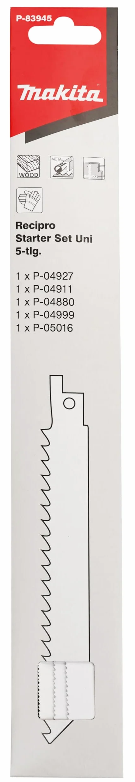 Makita P-83945 5-częściowy zestaw brzeszczotów do piły, po 1 x P-04927, P-04911, P-04880, P-04999, P-05016, do drewna, metalu, płyt gipsowo-kartonowych