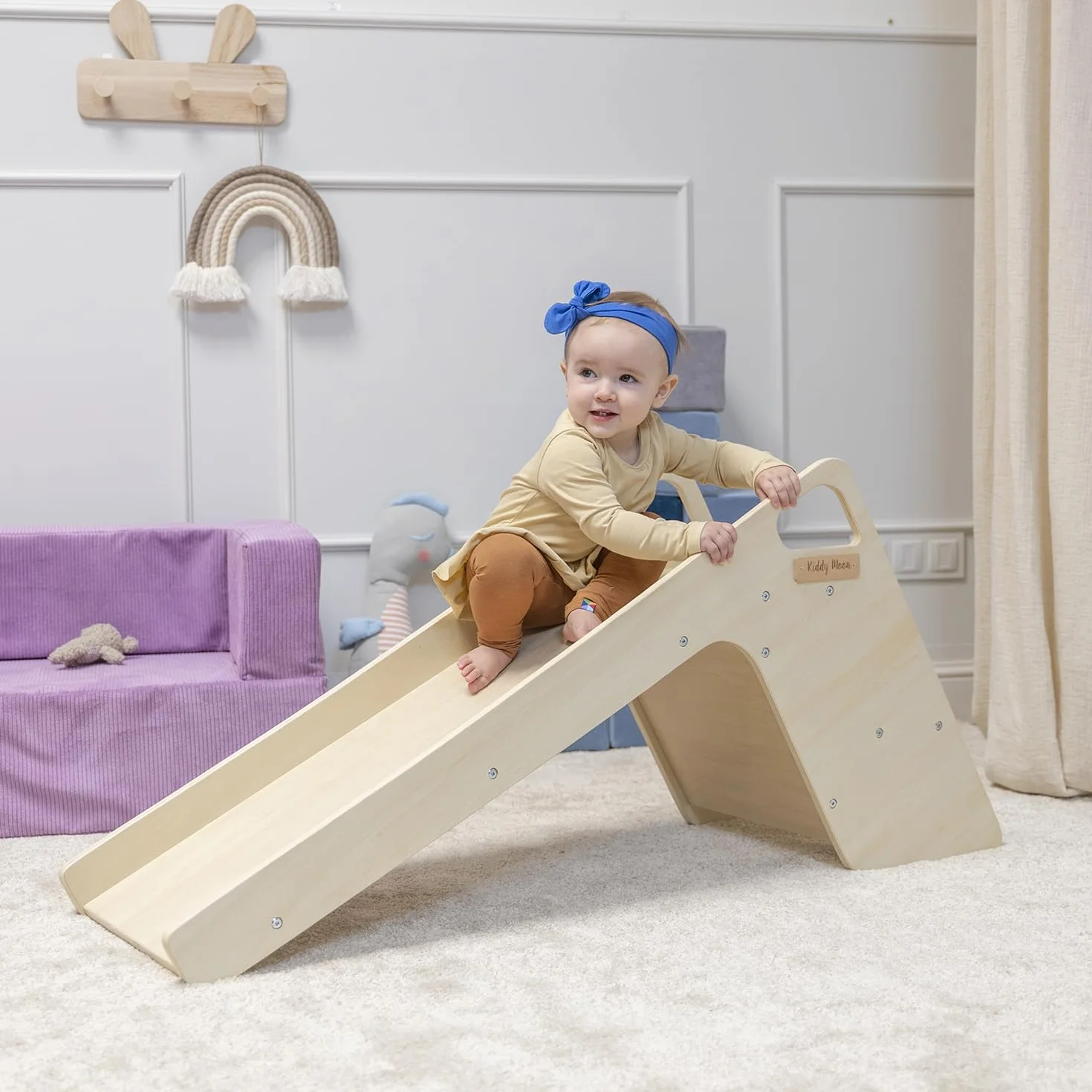 KiddyMoon Zjeżdżalnia dziecięca z drewna, stabilna zjeżdżalnia dla małych dzieci, wielofunkcyjna, Montessori, naturalna