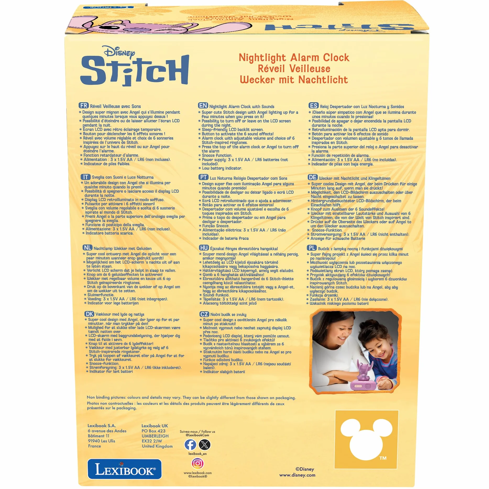Lexibook, Disney Stitch, Budzik z Lampką Nocną Angel, Dźwięki i Melodie, Podświetlany Ekran LCD, LuminoUS, Drzemka, Różowy, RL800D1