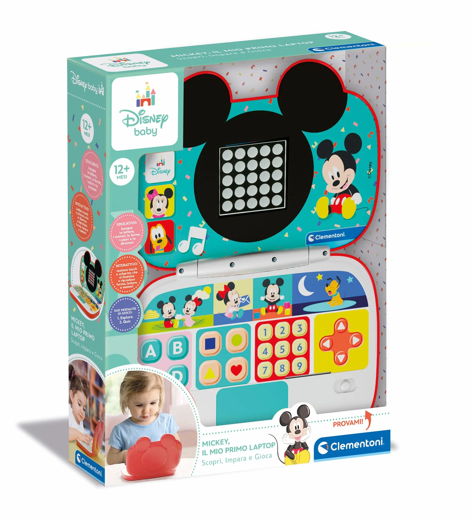 Clementoni - Disney Baby Mickey-Il Mio Primo Laptop, elektroniczny komputer edukacyjny, przenośny, litera i cyfry, dla dzieci od 9 miesięcy, włoski, 17834