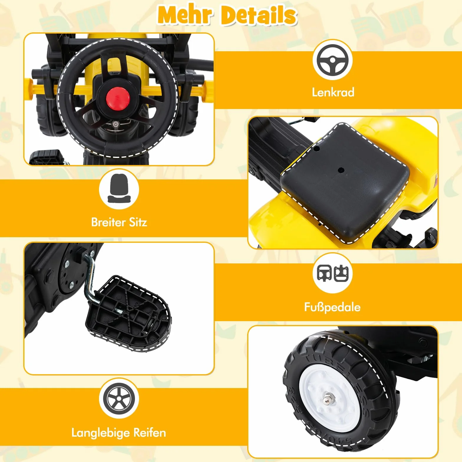 COSTWAY Traktor na pedały, dla dzieci ze zdejmowaną przyczepą i szuflą do grobu, koparko-ładowarka, obciążenie do 35 kg, koparka do siedzenia dla dzieci w wieku 3-6 lat (żółty)