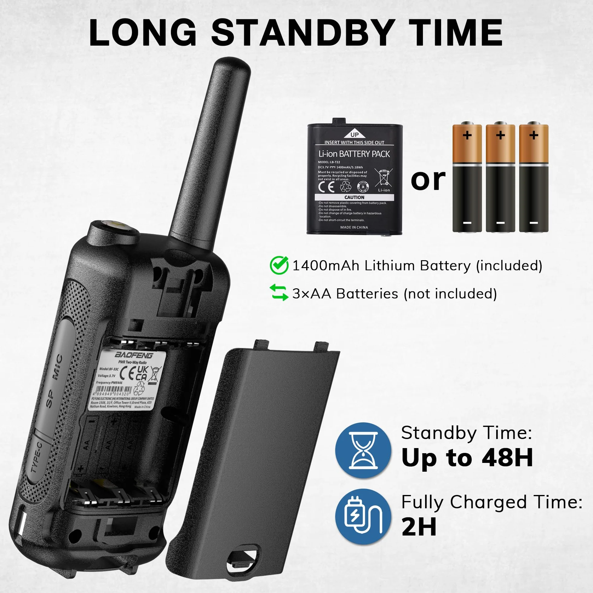 Baofeng BF-33C Walkie Talkie PMR446 dla dzieci, radiotelefony dalekiego zasięgu z ładowalnym akumulatorem, ładowanie USB-C, 16 kanałów, VOX, podwójne nasłuchiwanie, do zabawy na świeżym powietrzu i