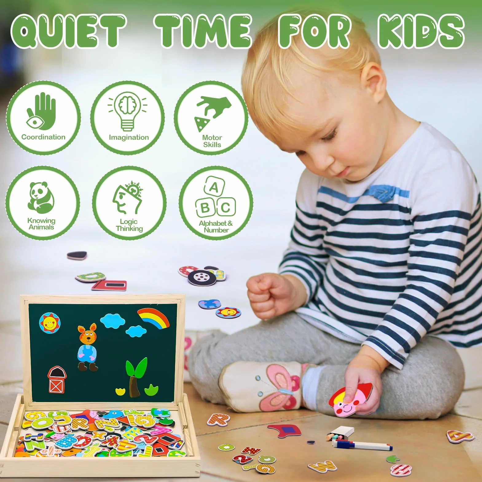 Uping Drewniane puzzle magnetyczne, sztalugi, dwustronna, tablica, drewniana deska Doodle, 155 sztuk, dla dzieci od 3 lat, gospodarstwo rolne