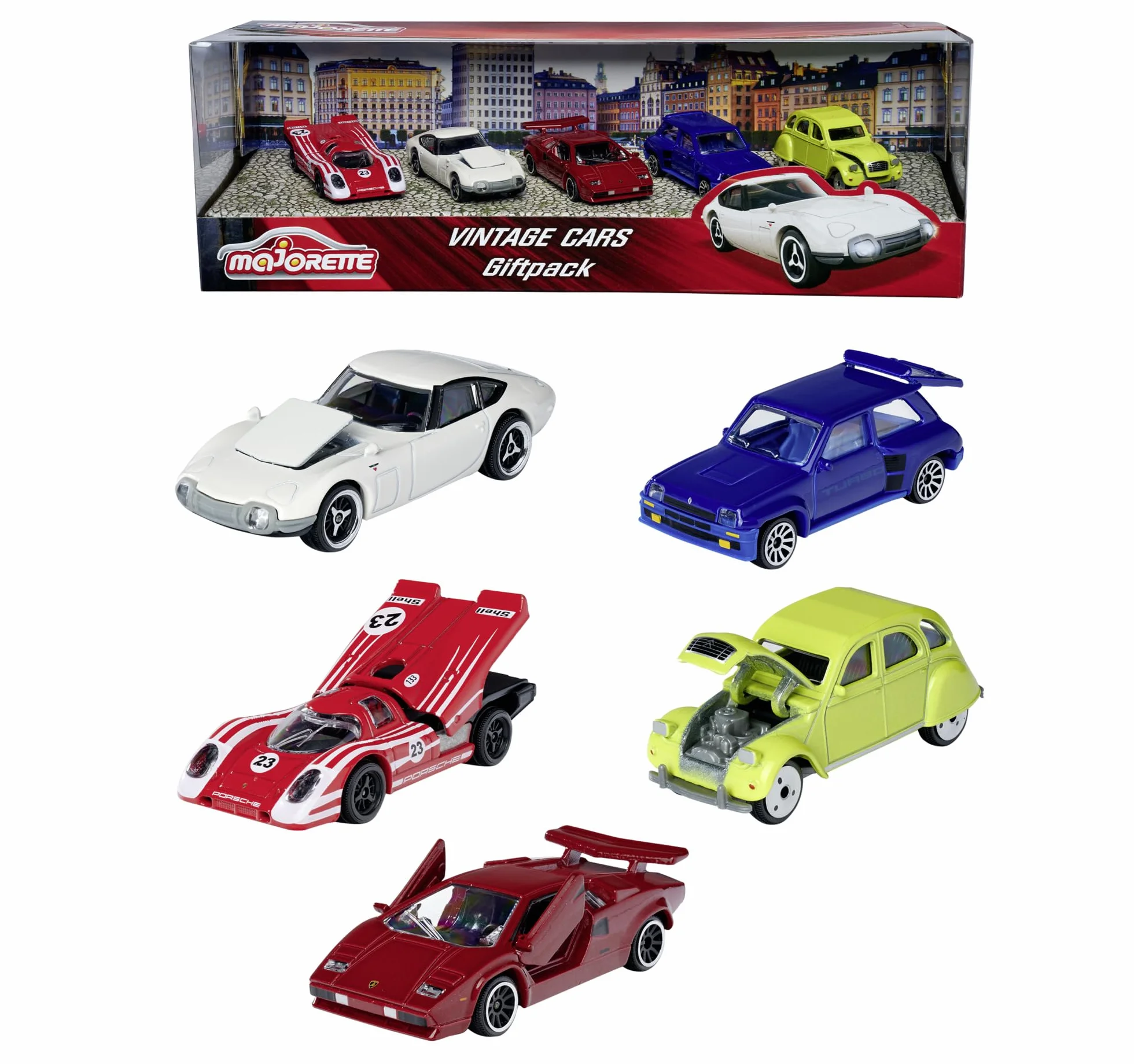 Majorette 212052013 Zestaw upominkowy 5 sztuk Vintage, licencjonowane, realistyczne resoraki, autka kolekcjonerskie die cast, długość: 7,5 cm, prezentowe opakowanie dla dzieci od 3 lat