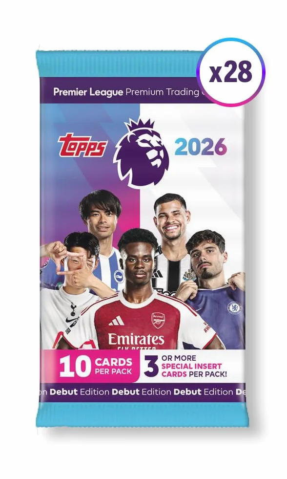 Topps Premier League 2026 – edycja debiutancka – pełne pudełko – 28 paczek w pudełku (280 kart) 3 lub więcej kart specjalnych w opakowaniu.