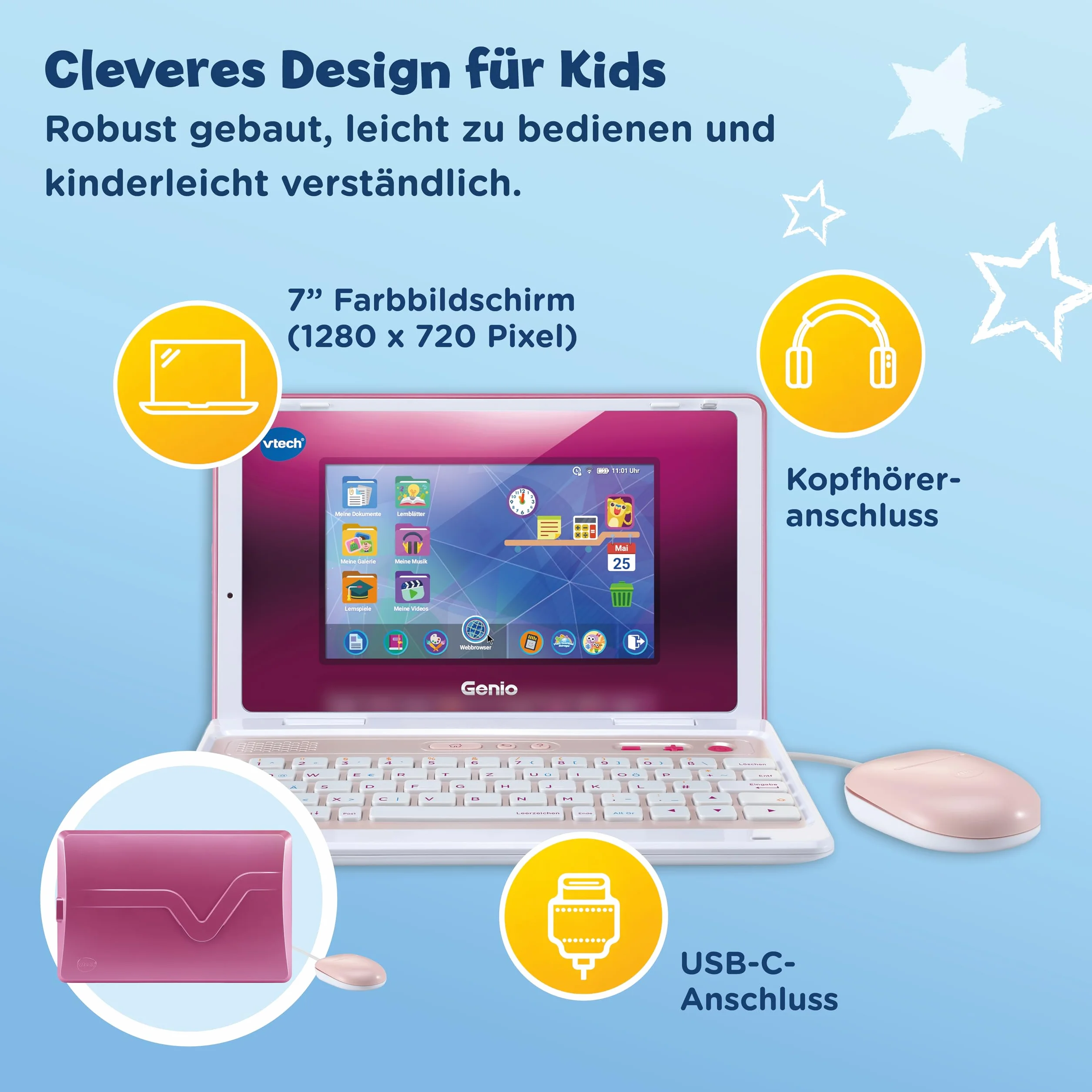 VTech Genio laptop edukacyjny XL różowy – komputer edukacyjny z dużym ekranem LCD o przekątnej 7" z dostępem do Internetu, programem tekstowym i wieloma treściami edukacyjnymi – dla dzieci w wieku