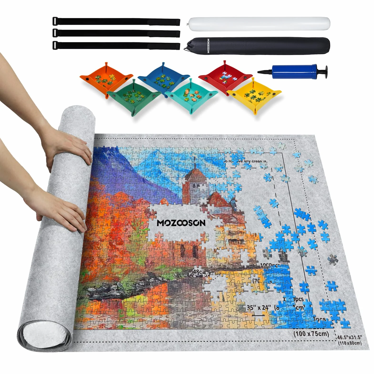 MOZOOSON Przenośna mata do puzzli 2000 1000 elementów - przechowywanie i rolka filcowa dla dorosłych i dzieci - z 6 sortownikami