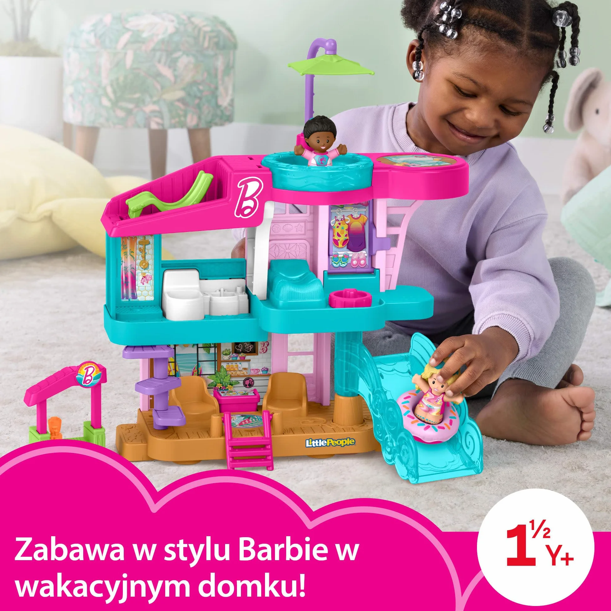 Fisher-Price Little People Barbie Domek Malibu Zestaw z 2 figurkami i akcesoriami do zabawy w naśladowanie, zabawka dla dzieci od 18 miesiąca życia, JCW71