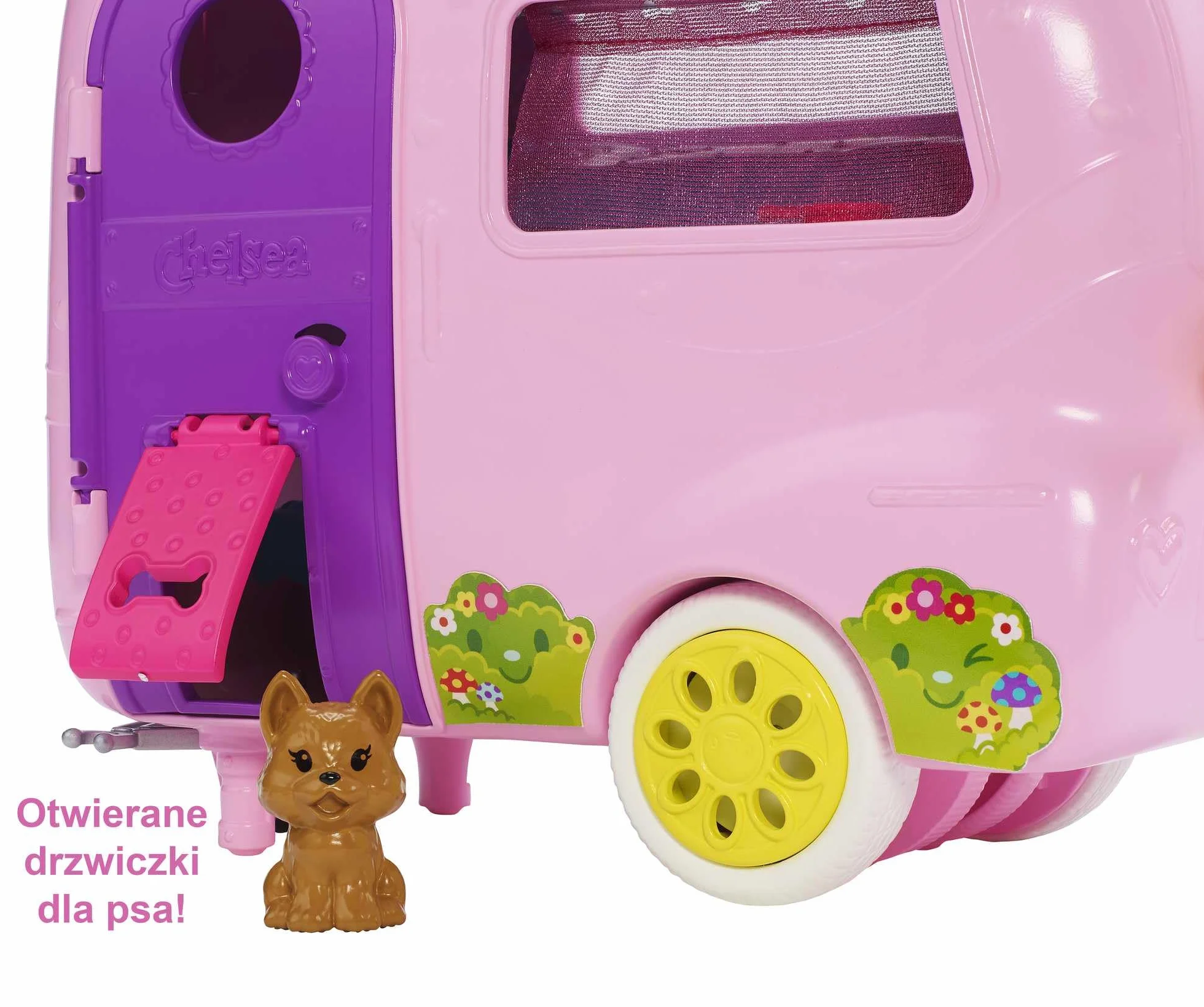Barbie Zestaw do zabawy z przyczepą kempingową, lalką Chelsea , szczeniaczkiem, samochodem, paleniskiem, gitarą i 10 akcesoriami, prezent dla dzieci w wieku od 3 do 7 lat, FXG90