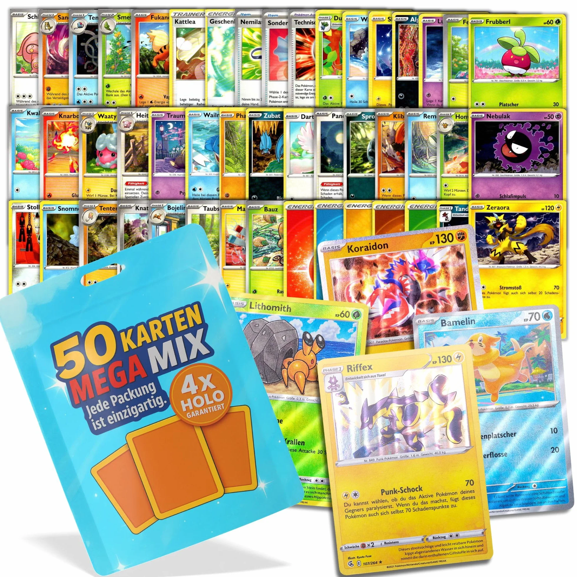 Cardmex Zestaw kart kolekcjonerskich Mega Mix – 50 różnych kart Monster & Trener w foliowych woreczkach kompatybilnych z kartami Pokémon – w zestawie 4 gwarantowanych kart Holo/Reverse Holo