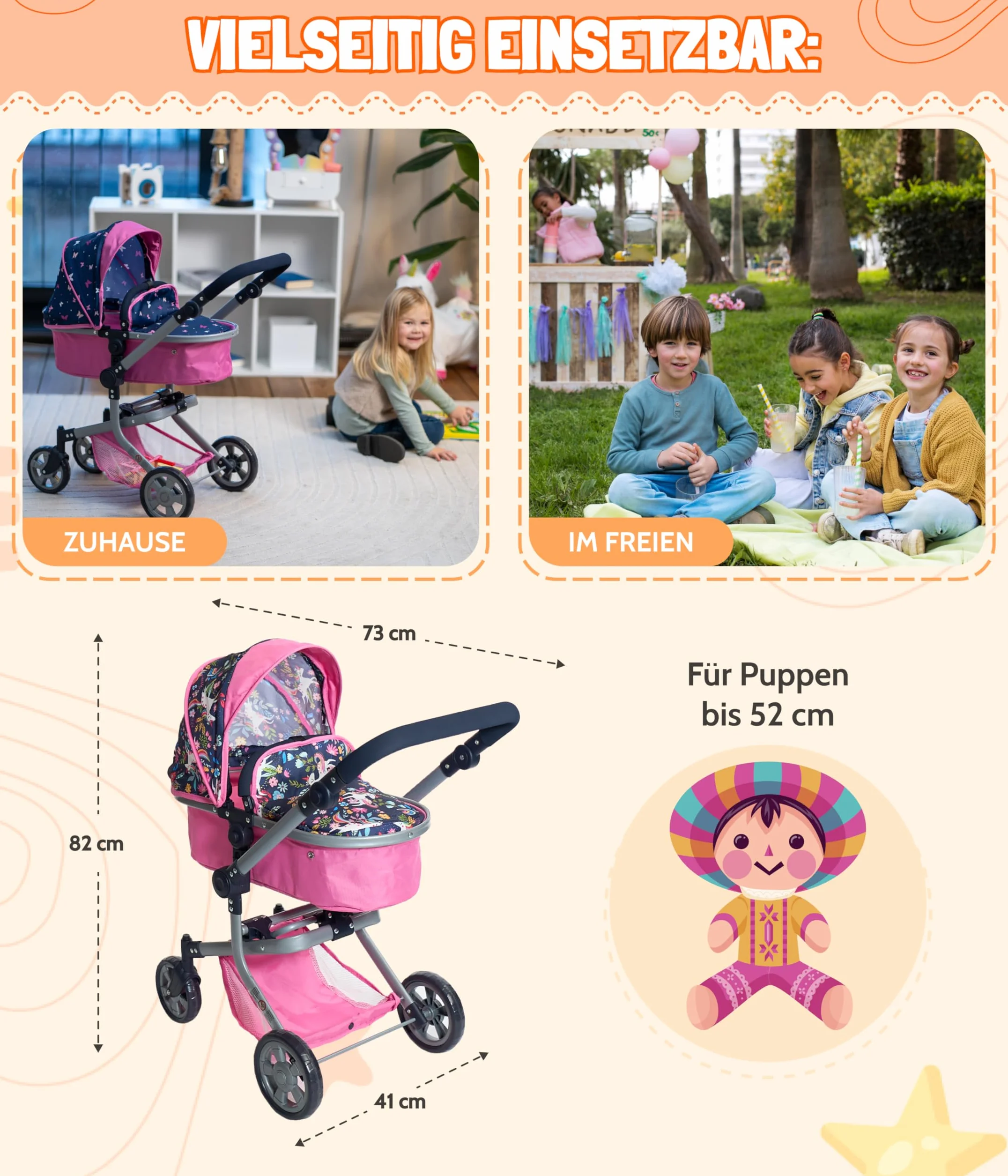 Bayer Chic 2000® Wózek dla lalek 2 w 1 Mika, różowy, granatowy, składany, uchwyt z regulacją wysokości 47-80 cm, nowoczesny stelaż, lalki do 52 cm, 4-8 J, jednorożec