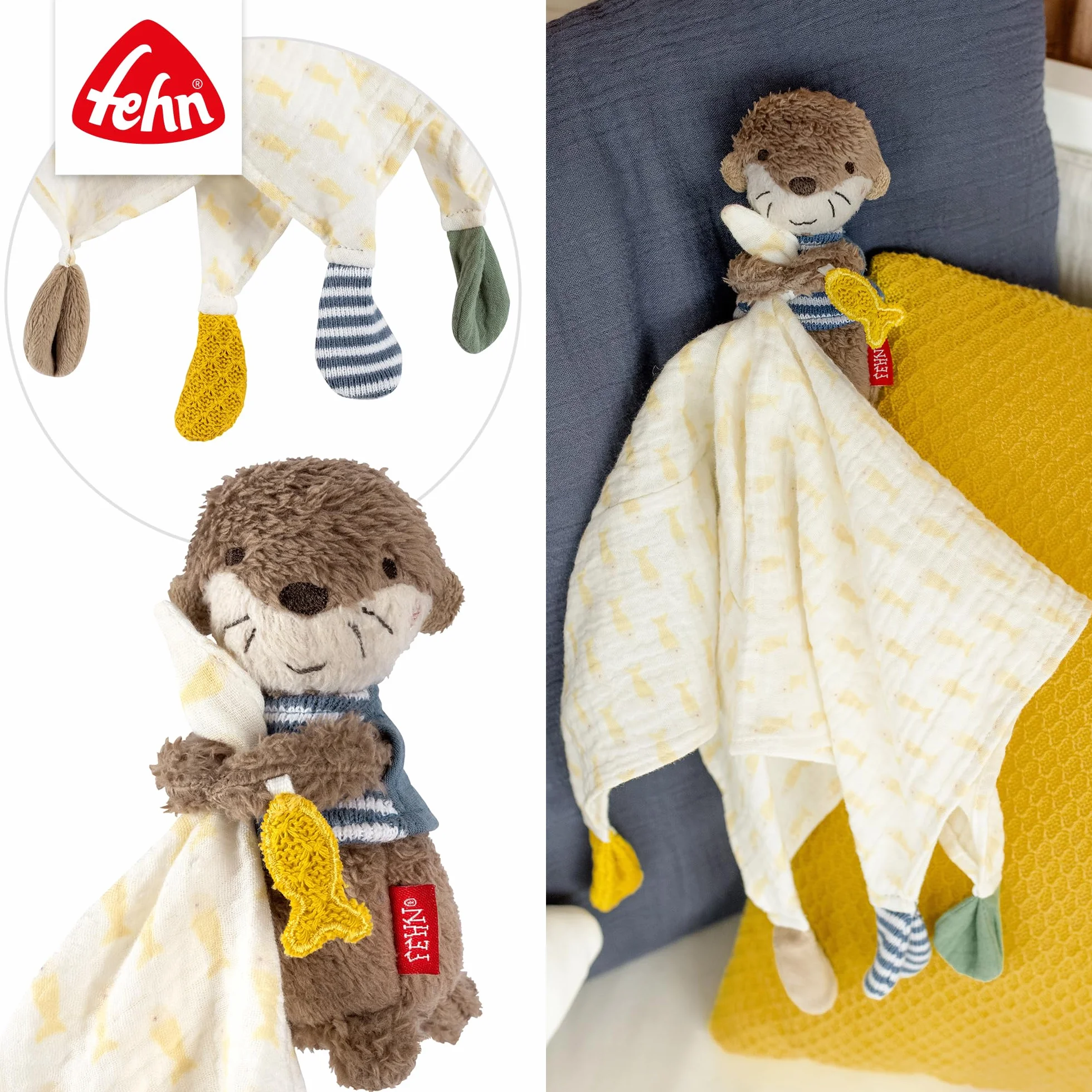Fehn Musselin-Schmusetuch Otter Einschlafhilfe Stofftier-Schnuffeltuch Baumwolle-Musselintuch Spielfigur Babys Kleinkinder 0+ Monaten