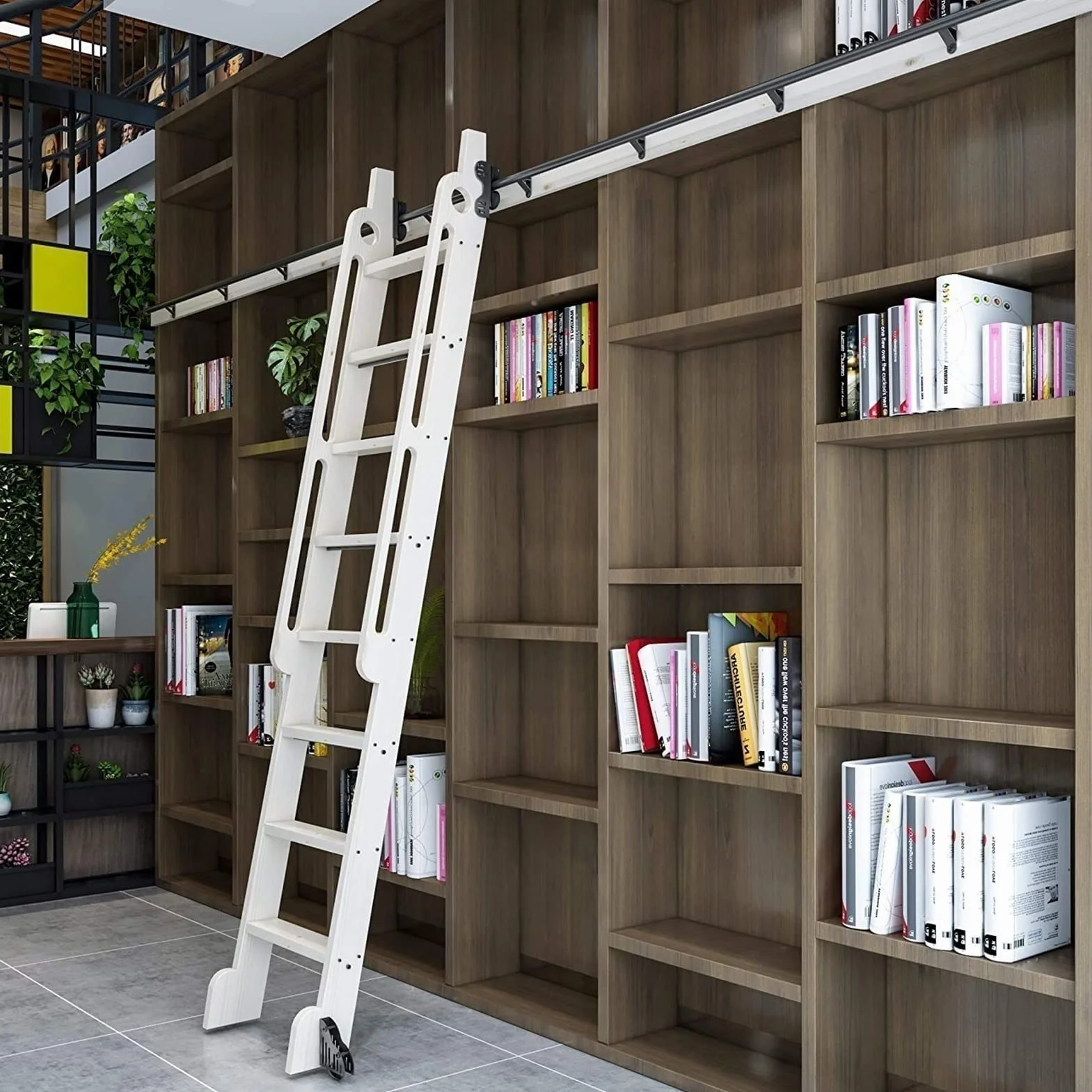 Zestaw sprzętu do biblioteki z odwracalną rolkową drabinką biblioteczną Przesuwny sprzęt biblioteczny z torem rolkowym (bez drabiny) z rolką podłogową, może być umieszczony pionowo, nie zajmuje