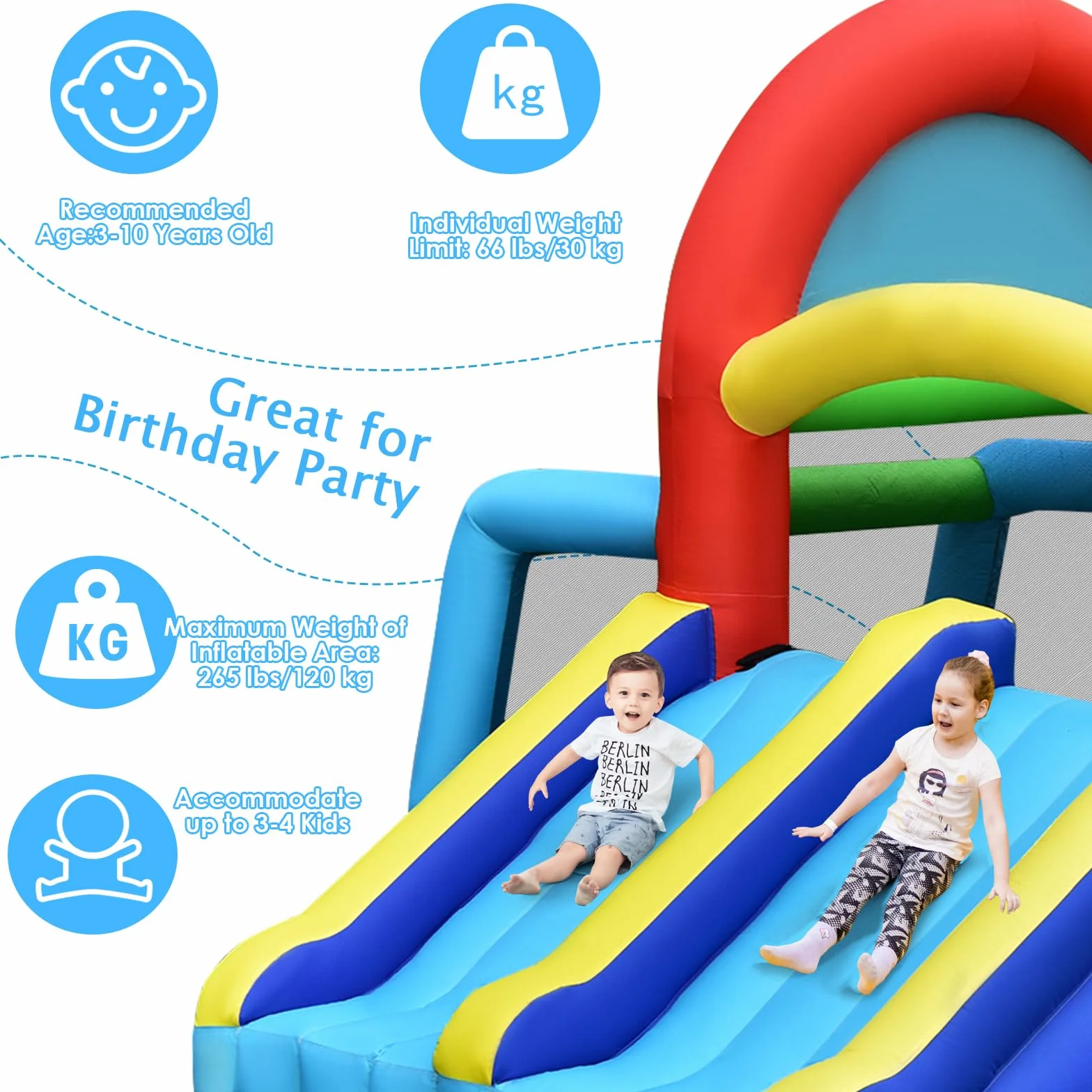 LIFEZEAL Dmuchany zamek, nadmuchiwany dom 8 w 1 dla dzieci z podwójną zjeżdżalnią, strefa trampoliny, bramka do piłki nożnej, duży wielofunkcyjny park dla dzieci (ze zdmuchą)