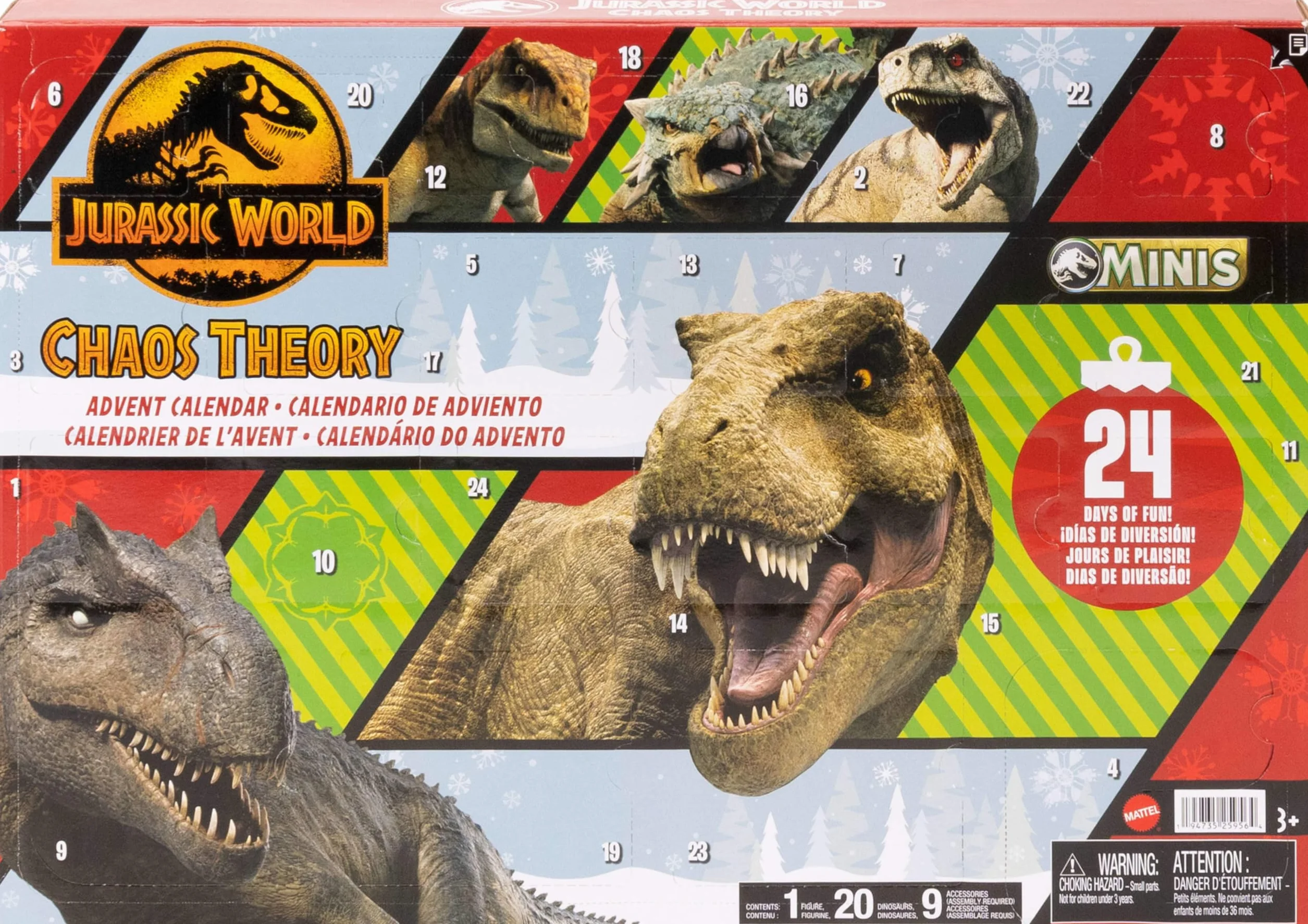 Mattel Jurassic World: teoria chaosu 2024 świąteczny kalendarz adwentowy z odliczaniem 24 dni, 30 zabawkowych niespodzianek związanych z dinozaurami, 20 mini dinozaurów, 1 człowiek, 9 sztuk ogrodzenia