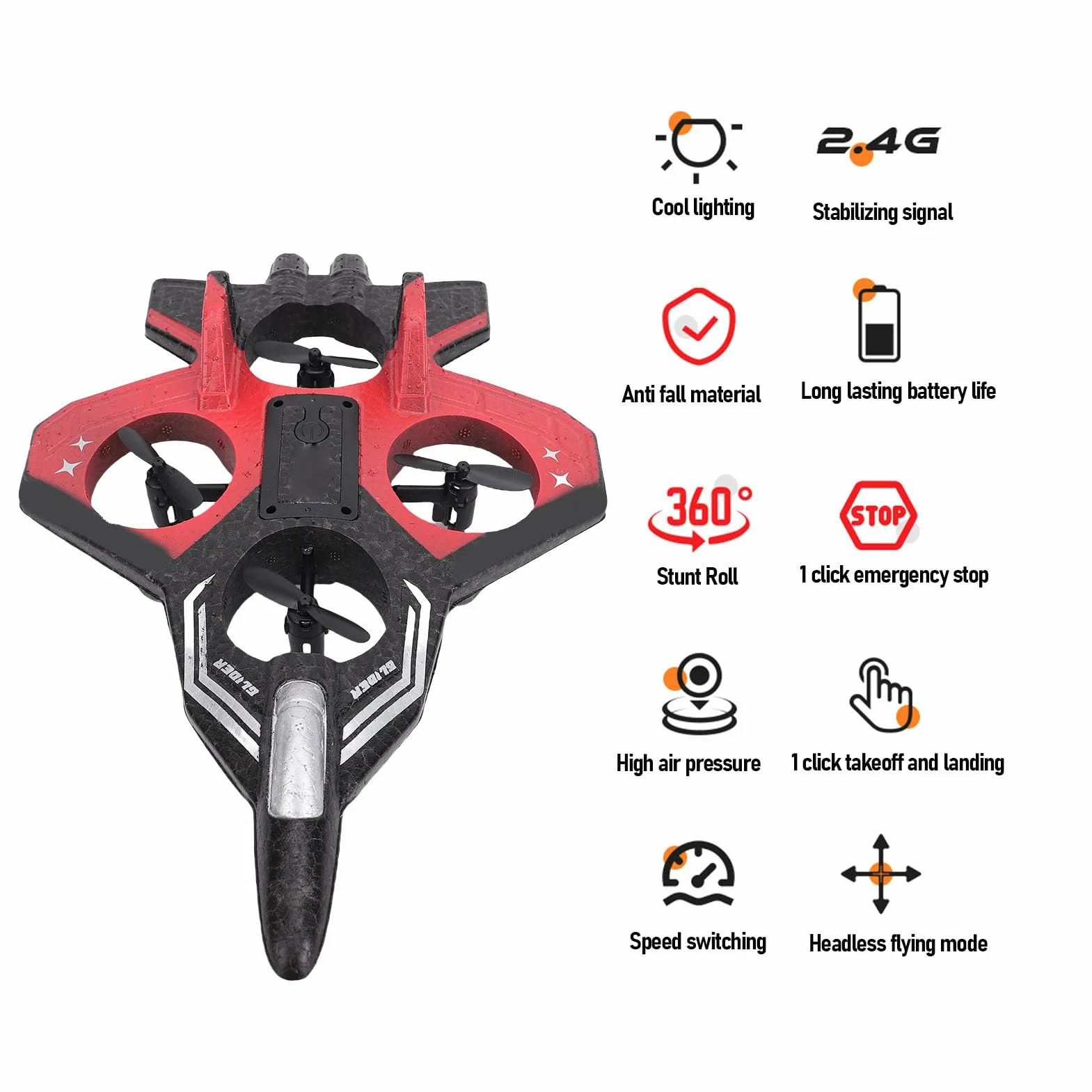 RC Slider, 2,4 GHz Zdalne Sterowanie Airpalne, 4 Ciągu Silnika | 3 Prędkości | 360 ° Kasketowe Samolotowe Samolotowe Zabawki światłami (Pojedyncza bateria)