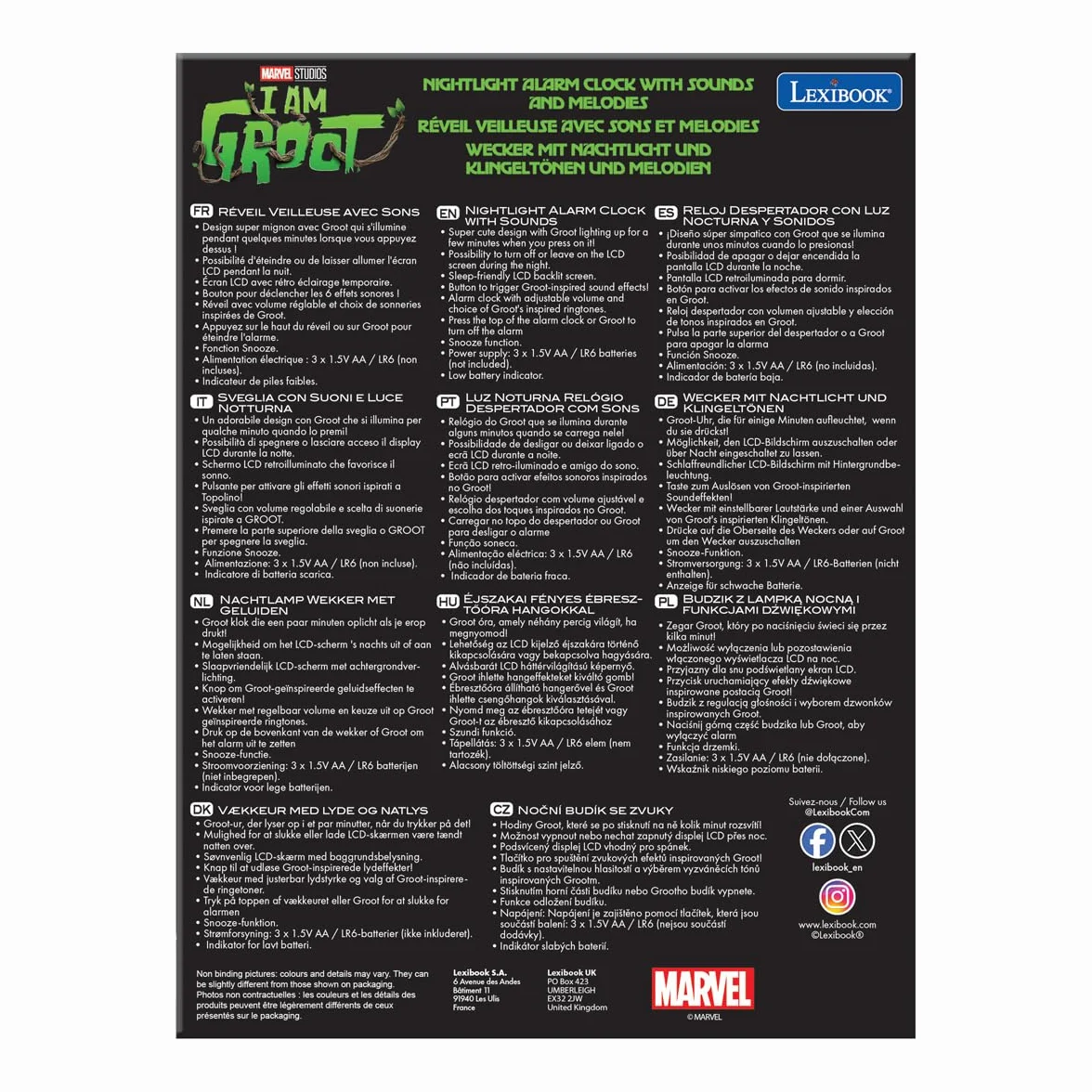 Lexibook, Marvel Guardians Of The Galaxy, Budzik Nocny Groot, Dźwięki i Melodie, Podświetlany Ekran LCD, Podświetlenie, Drzemka, Szary, Brązowy, RL800GG