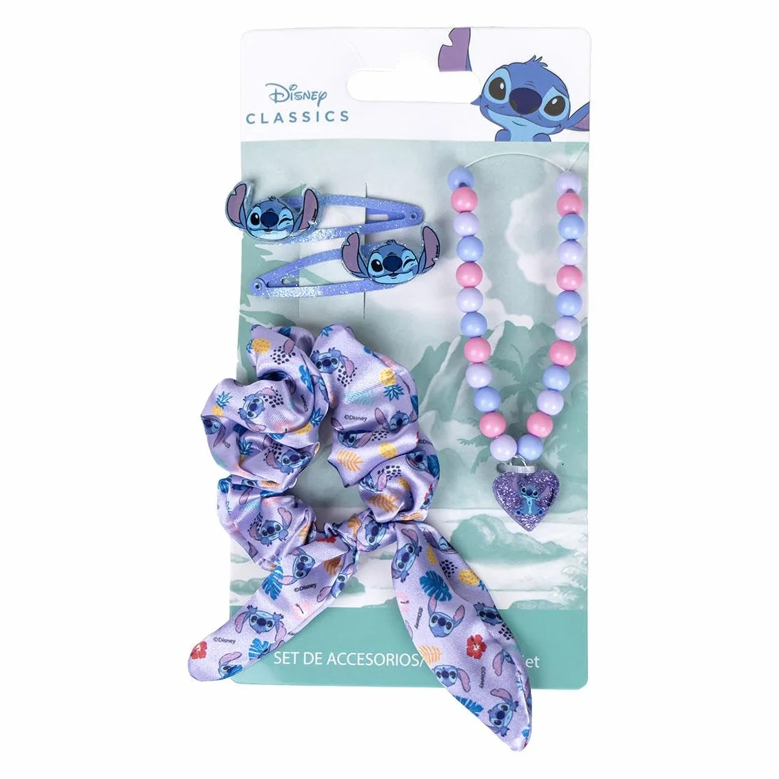 Stitch zestaw urody dla dzieci - 1 gumka do włosów, 2 spinki do włosów i 1 naszyjnik - klips do twarzy - oryginalny hiszpański produkt