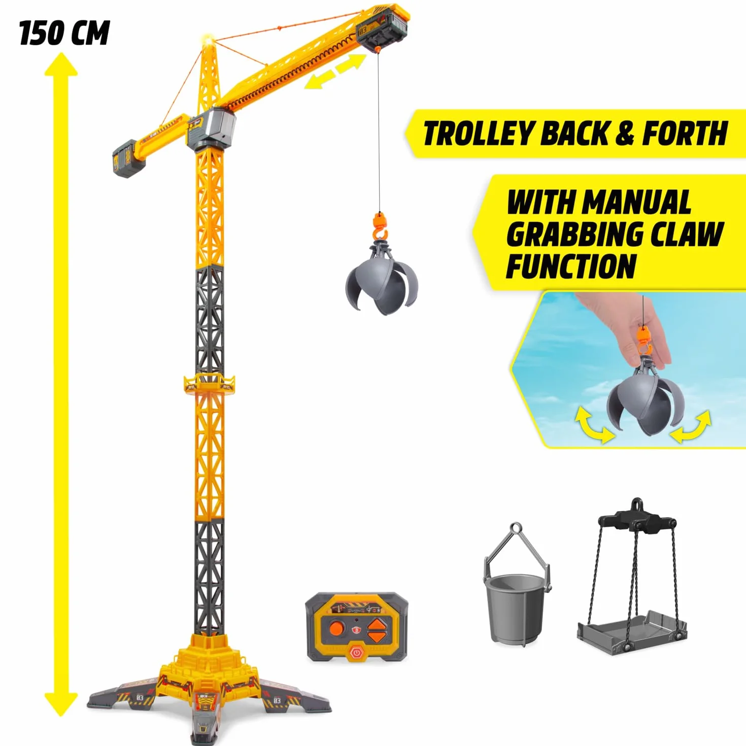 Dickie Toys 203729023 Dźwig Zdalnie sterowany radiowo 2,4GHz;obrót 360°;światło; akcesoria: wiaderko, taca, otwierana kula. Wysokość: 150 cm.