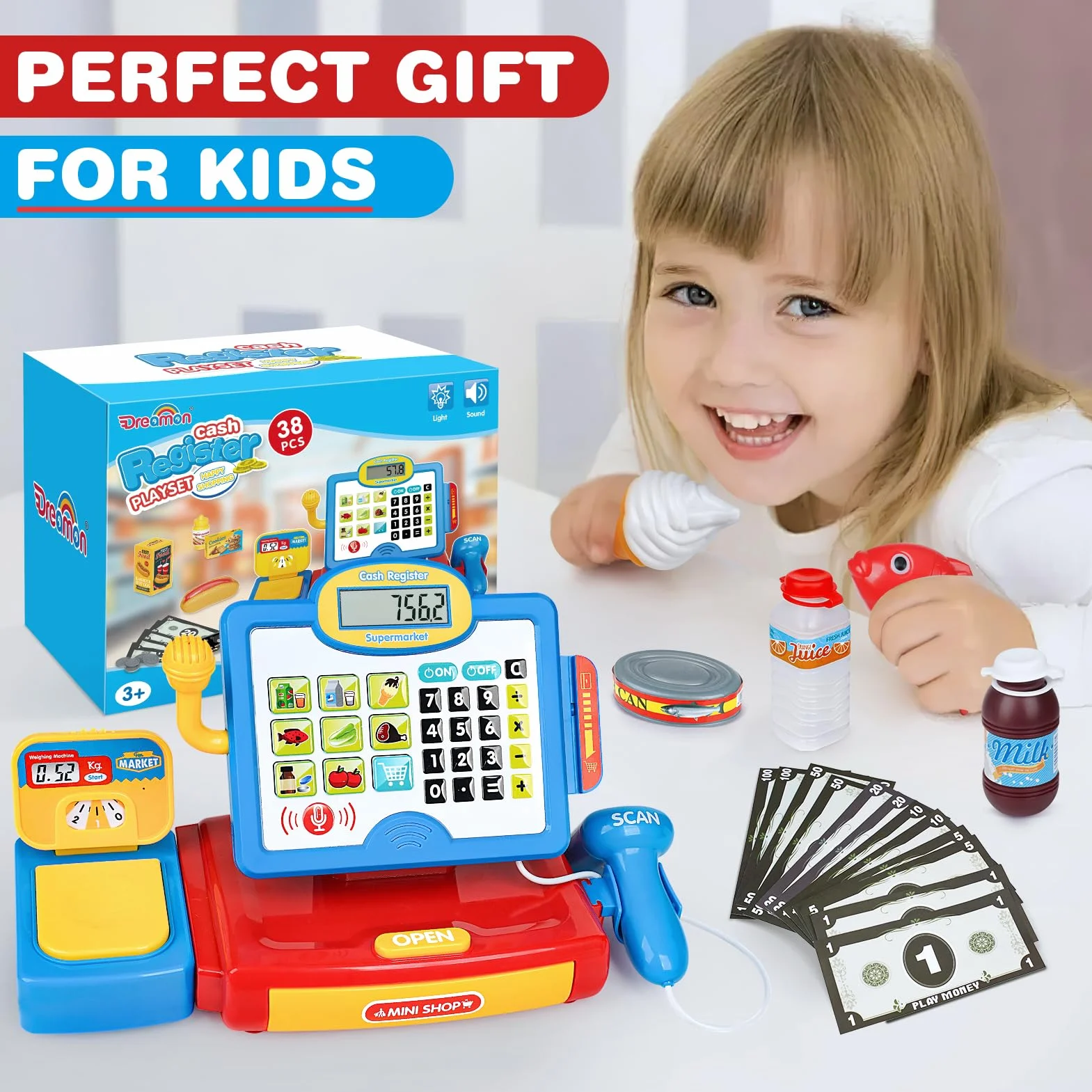 Dreamon Zabawka do kasy fiskalnej ze skanerem dla dzieci mini dzieci sklep zabawa do 3-letnich dziewcząt chłopców udawaj odgrywanie ról pieniądze jedzenie nauka zabawki prezent dla malucha