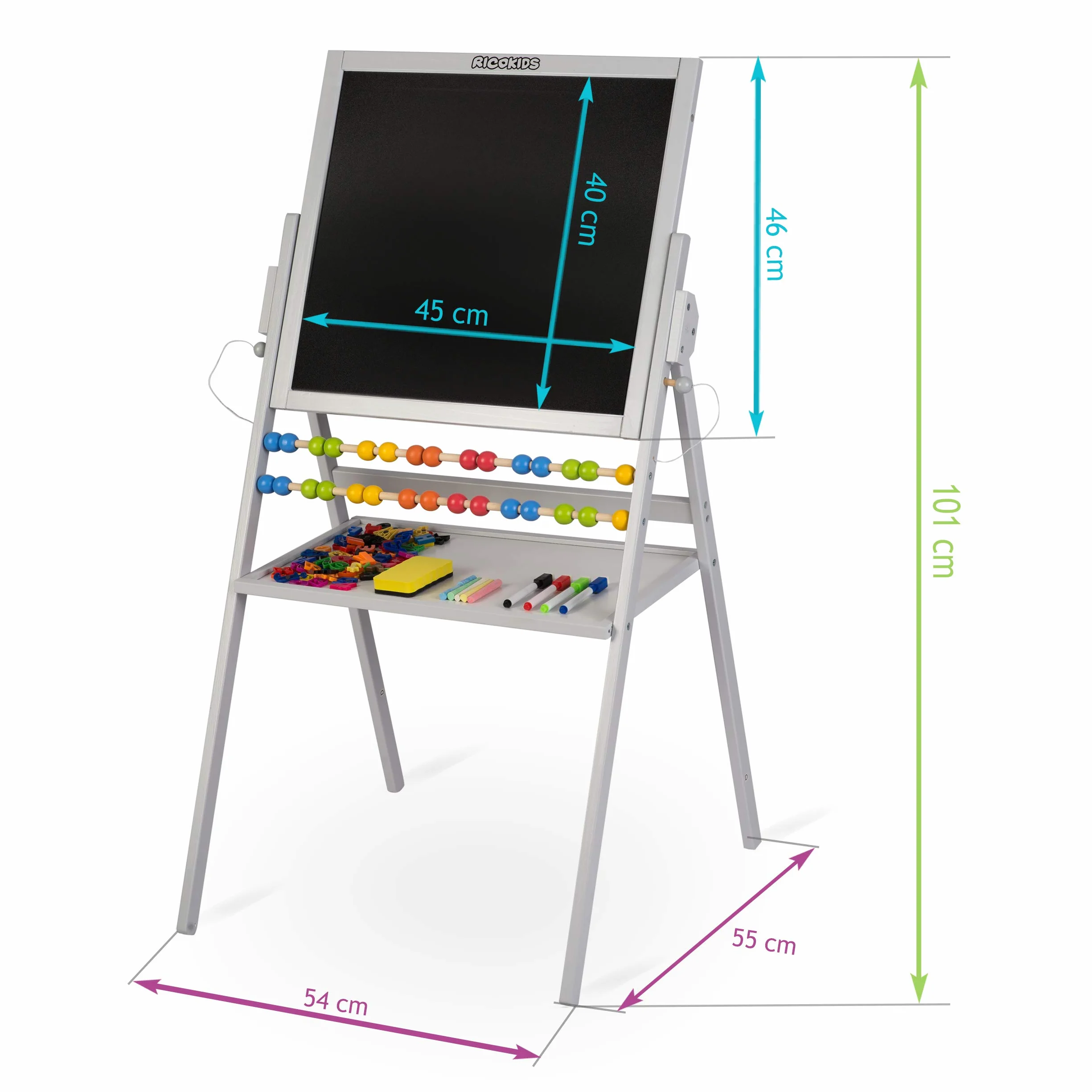 Ricokids Tablica Magnetyczna i Kredowa dla Dzieci - Tablica Dwustronna Obrotowa z Akcesoriami - Drewniana - 101 x 54 x 55 cm - Biała