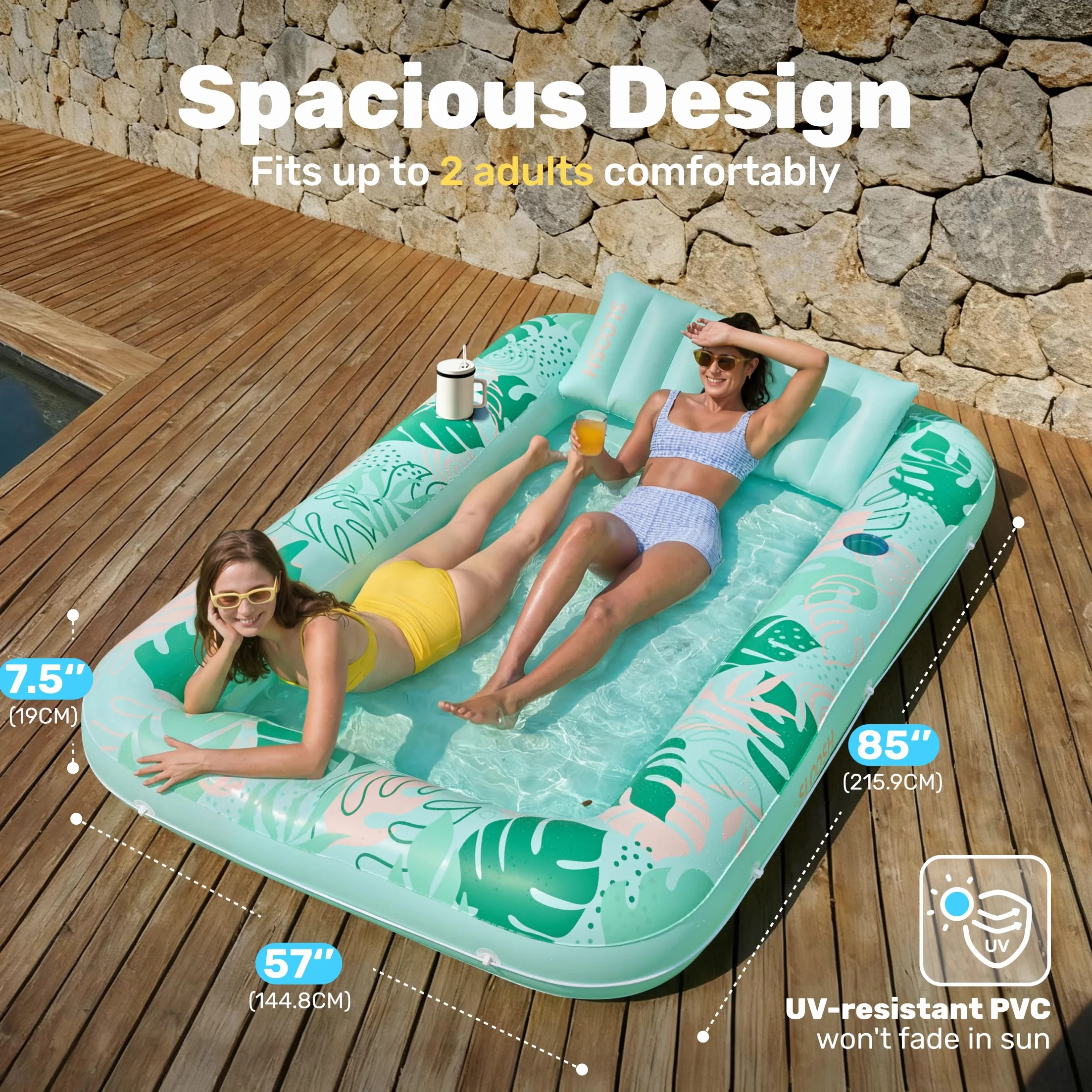 Sloosh Nadmuchiwany leżak do opalania basenem, rozmiar XL, 2,1 x 1,4 m, bardzo duży Suntan Sun Tan Tub for Adults, Bed Blow up, Raft Lounge Floatie, XL-Blushing Pink