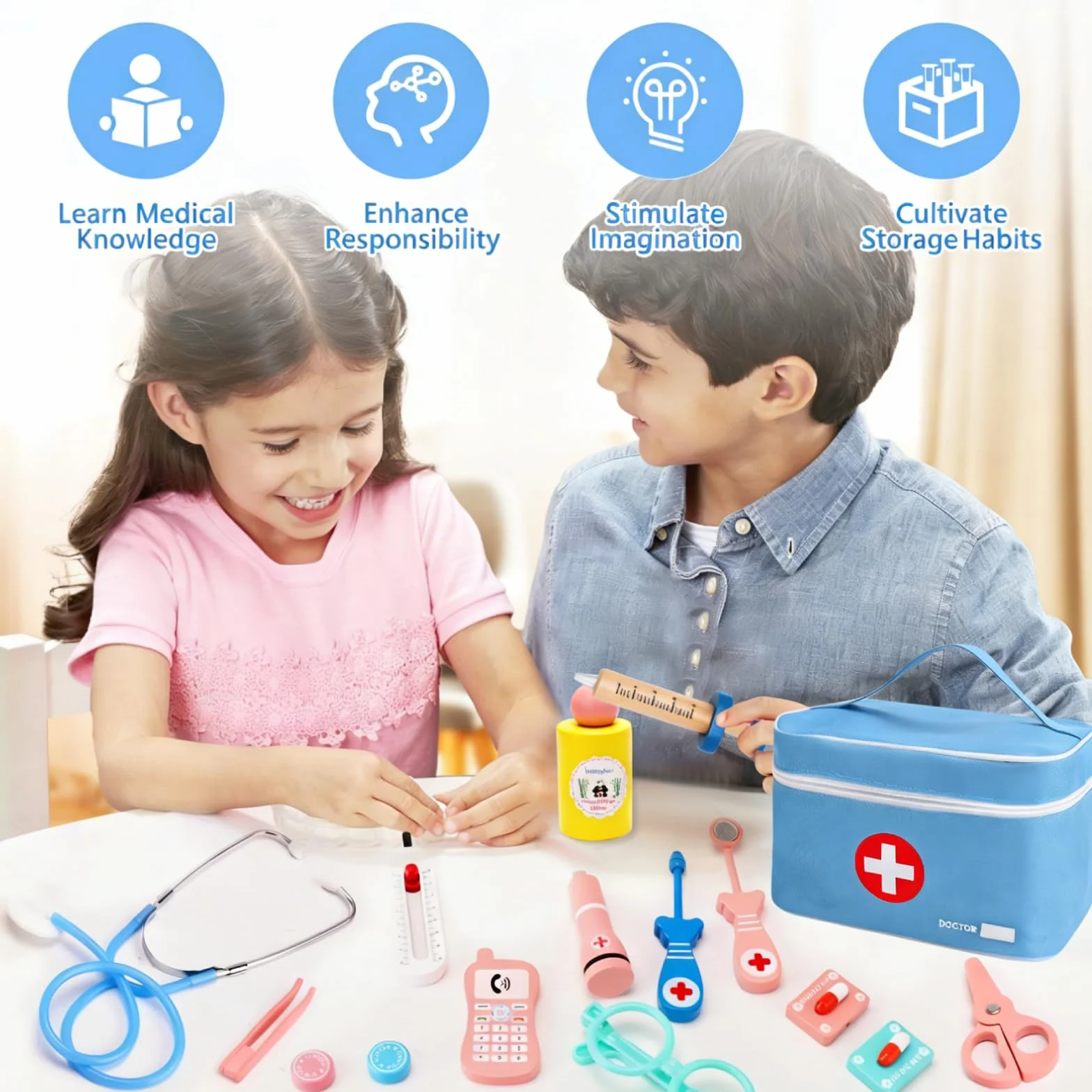 Walizka lekarska dla dzieci, drewniany zestaw doktor dziewczynki, z prawdziwym stetoskopem, termometrem, fartuchem lekarskim i przenośną torbą lekarską, odgrywaniem ról, zabawkami dla dzieci