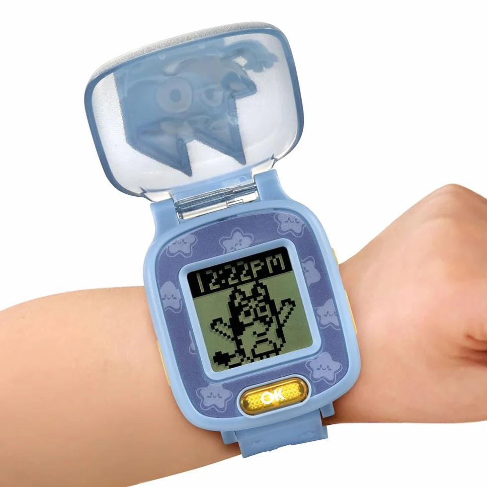 VTech - Bluey, interaktywny zegarek do gier, zegarek dla dzieci z klapką z anime, miękki pasek, 8 tarczy, 4 gry edukacyjne, prezent dla dzieci w wieku od 3 lat do 7 lat - zawartość w języku francuskim