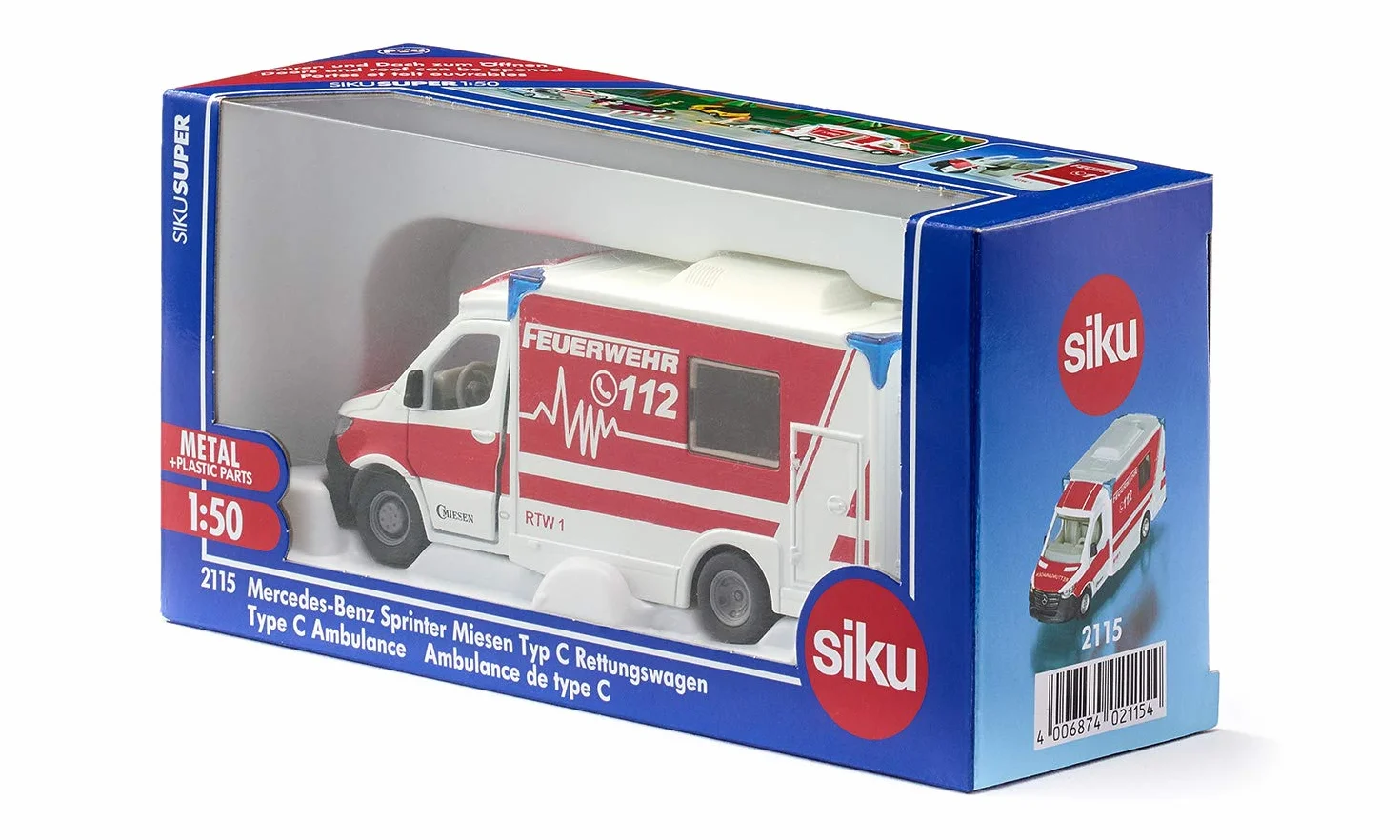 Siku 2115, Karetka Mercedes-Benz Sprinter Miesen typ C, 1:50, Metal,Tworzywo sztuczne, Czerwony,Biały, Zdejmowany dach, Z deską rozdzielczą i noszami