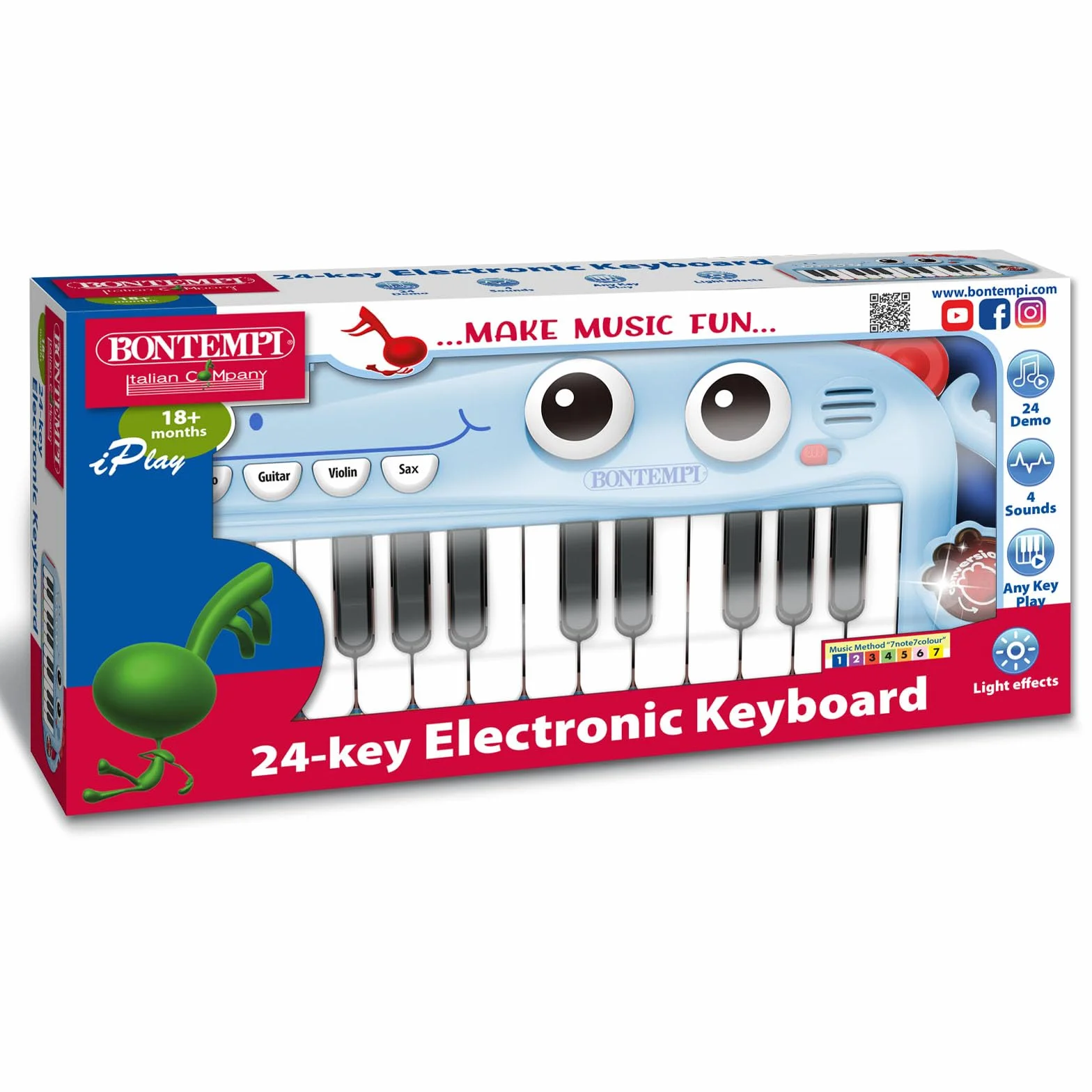 Bontempi | PlayKeys - Zabawka-klawiatura z 24 klawiszami dla małych muzyków, niebieska, 300x140x40 mm