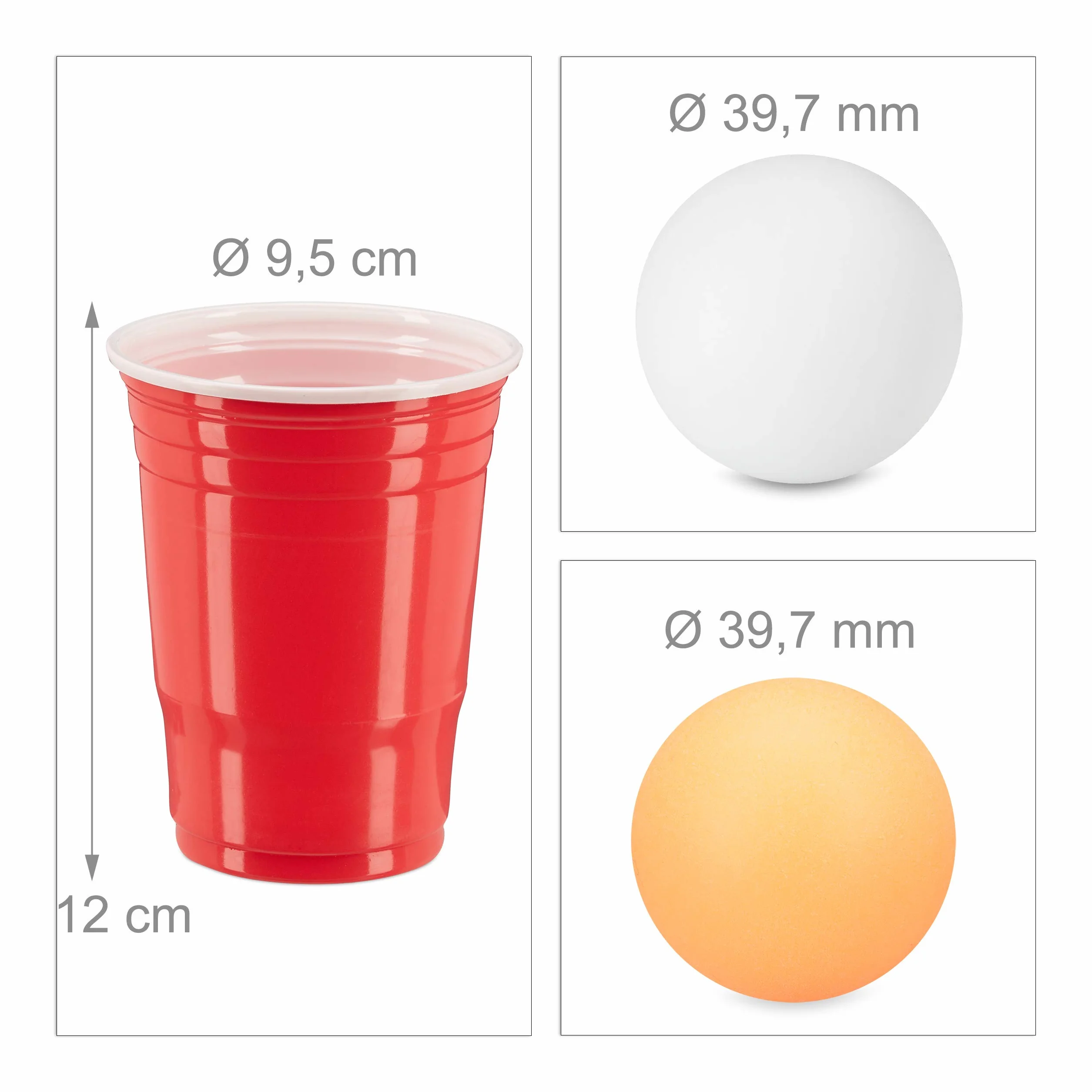 Relaxdays Zestaw kubków do piwa, pong, zestaw z 6 piłkami, 50 kubków do beer Pong, gra do picia, kubki imprezowe 16 oz, czerwony/niebieski