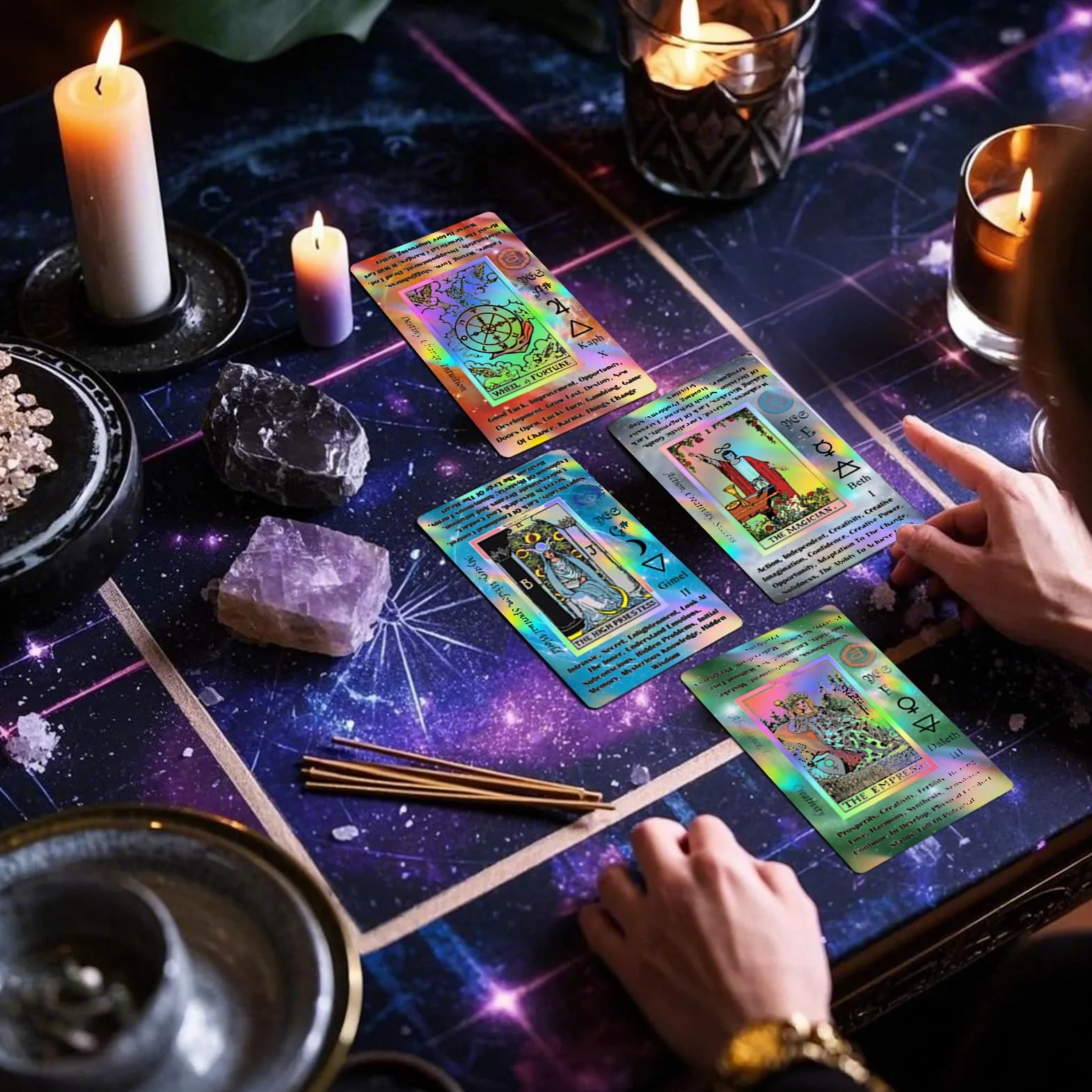 Smoostart holograficzny Tarot dla początkujących ze znaczeniami, z przewodnikiem, słowami kluczowymi, elementem, planetą, zodiakiem, czakrami, tak lub nie, ton muzyczny, numerologia, alfabet hebrajski