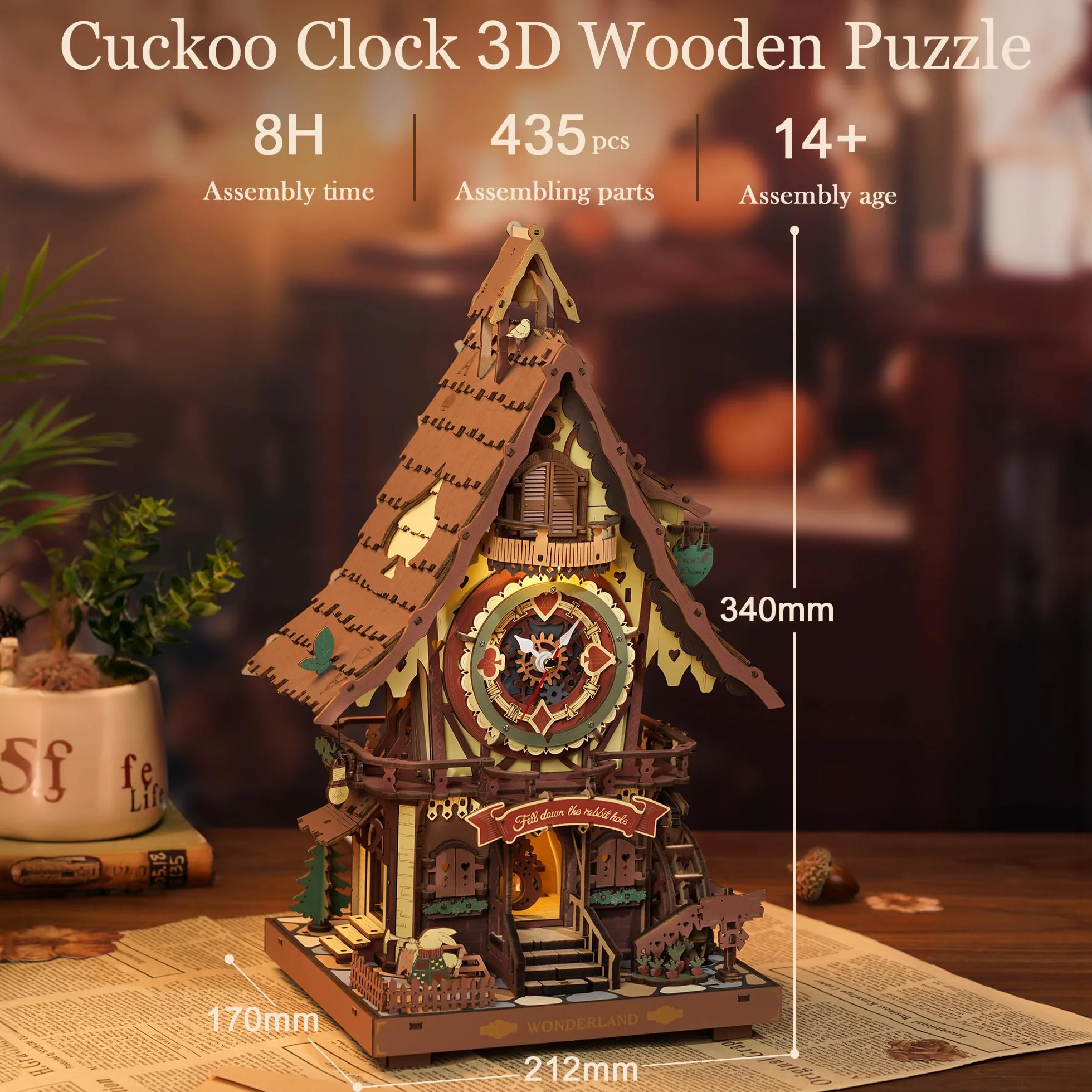 ROBOTIME Puzzle 3D Zegar z kukułką dla dorosłych, drewniane zestawy modeli puzzli do budowania, działający zegar z dźwiękiem kukułki, rękodzieło do dekoracji domu, prezent dla nastolatków i dorosłych