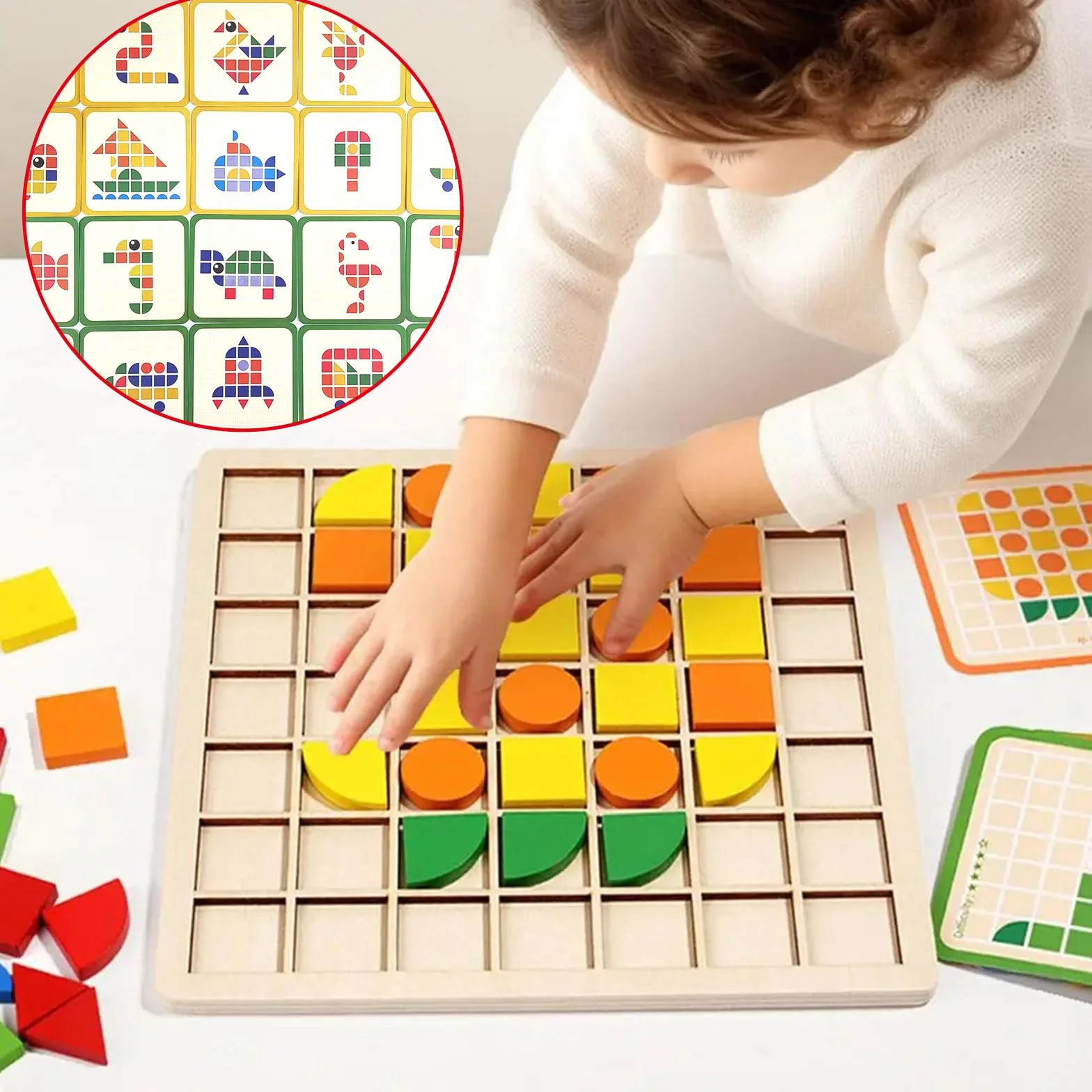 Tangram Drewno, edukacyjna gra mozaikowa dla dzieci 3-6 lat, puzzle kolorów i kształtów, 140 sztuk, 20 kart, gry Montessori, prezent urodzinowy