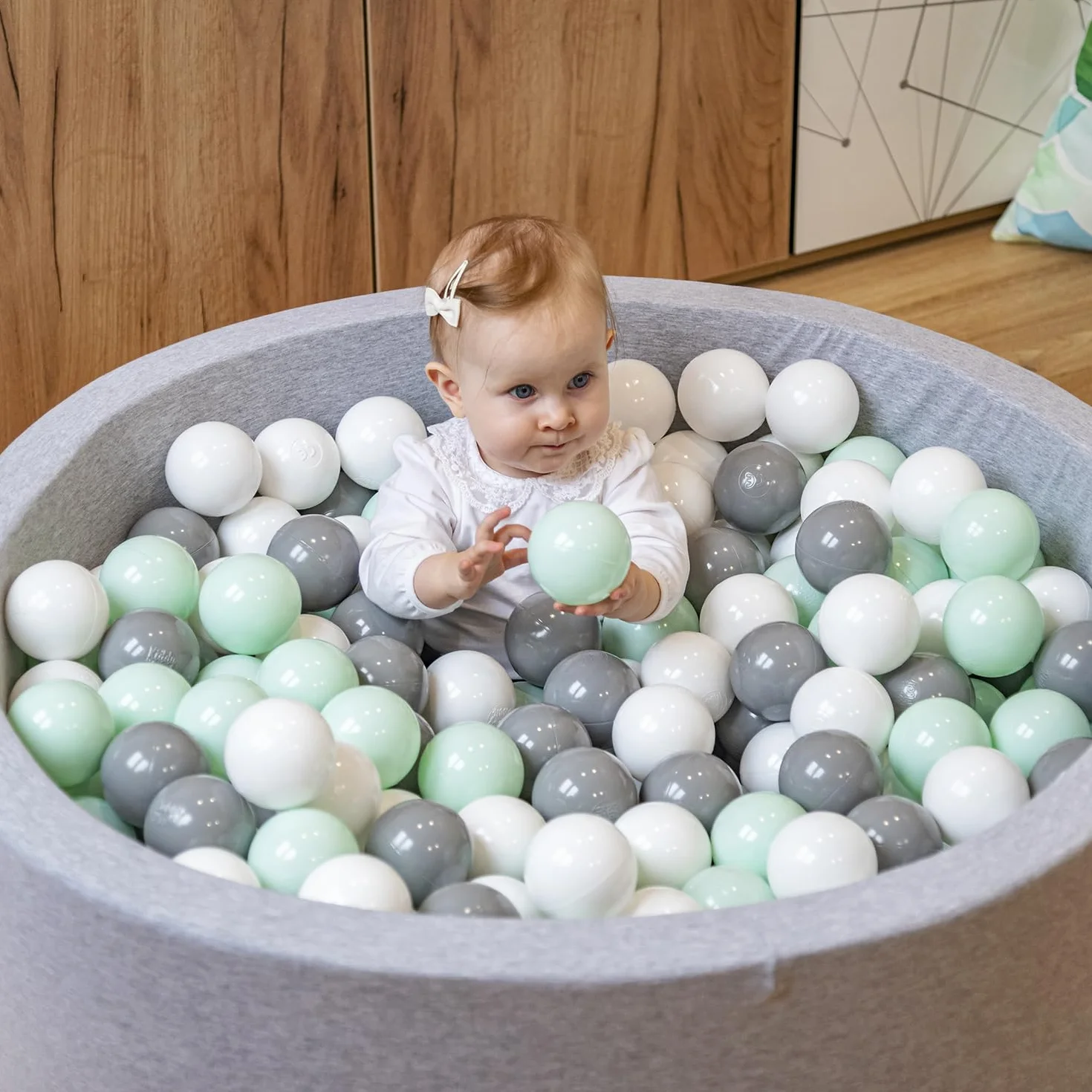KiddyMoon Suchy Basen 90X30cm/300Piłek ∅ 7Cm, Okrągły Miękki Basen Dla Dzieci Z Kolorowymi Kulkami, Jasnoszary: Biały-Szary-Mięta