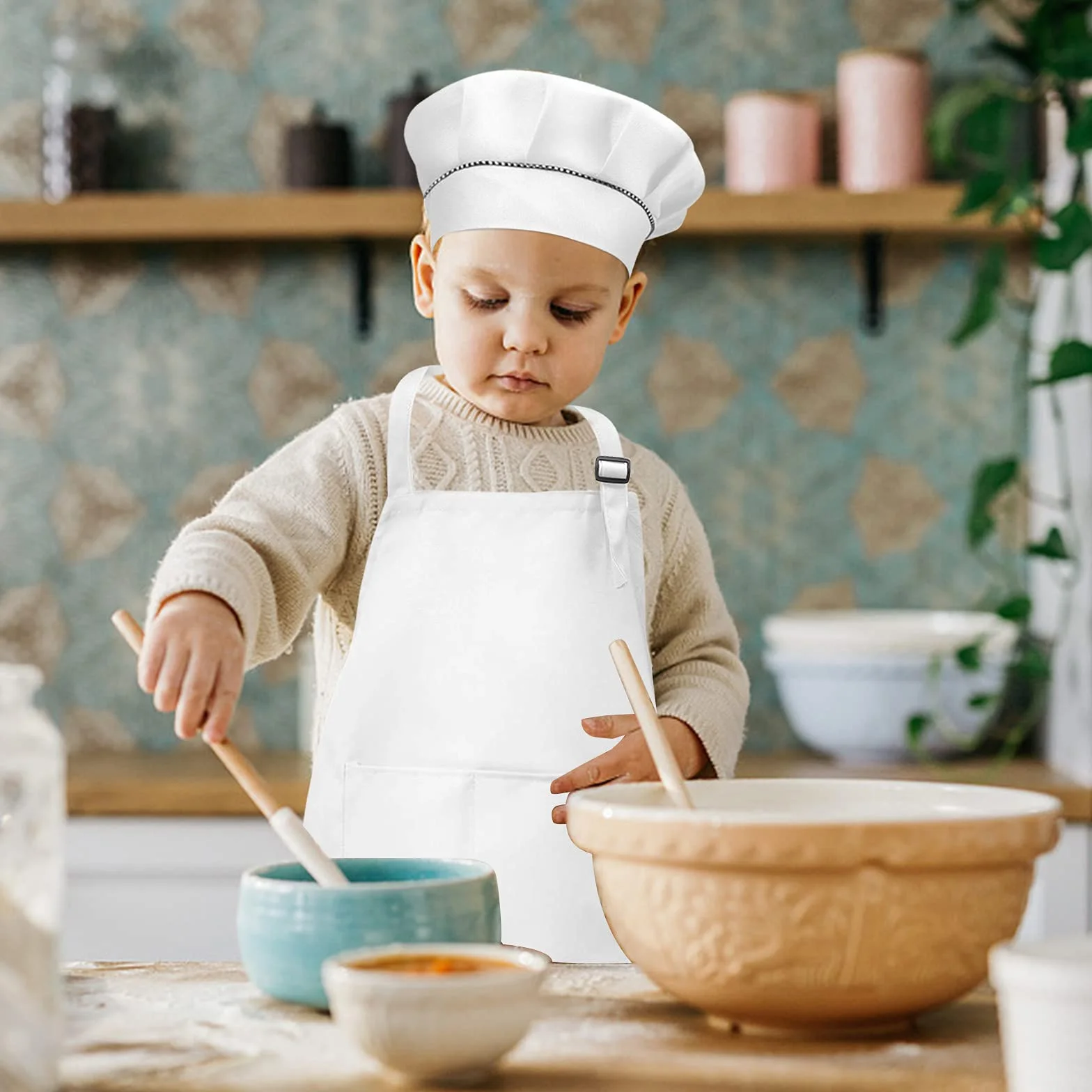 Fartuch kuchenny dla dzieci, biały fartuch dla dzieci i kapelusz szefa kuchni zestaw do malowania rękodzieła, regulowany fartuch dziecięcy z 2 kieszeniami dla dziewczynek, chłopców, 6-13 lat