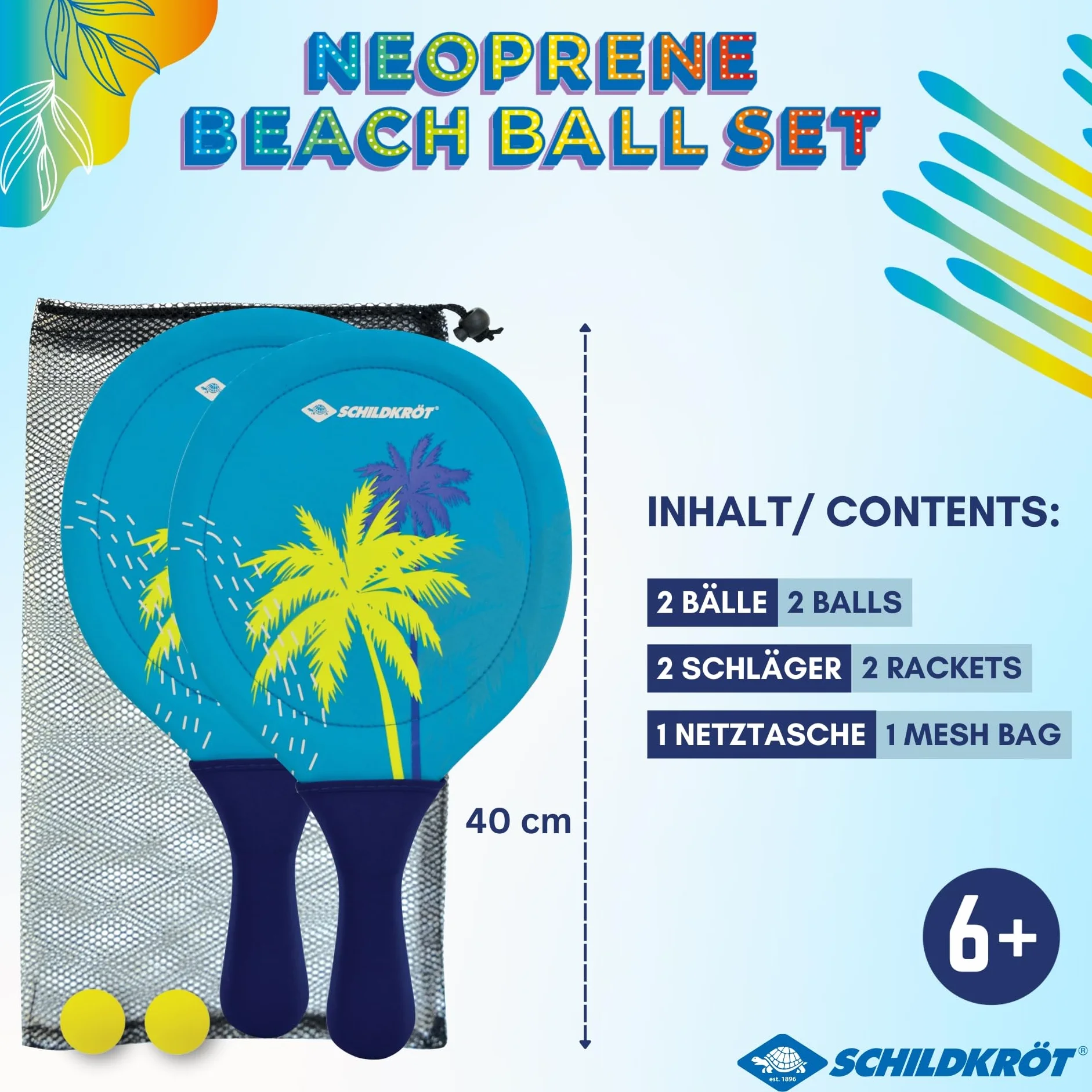 Schildkröt Zestaw neoprenowy Beachball, 2 rakiety, 2 piłki, w torbie siatkowej, wspaniały odbicie i bounce, gra na plaży i w ogrodzie dla całej rodziny, 970158, wielokolorowy