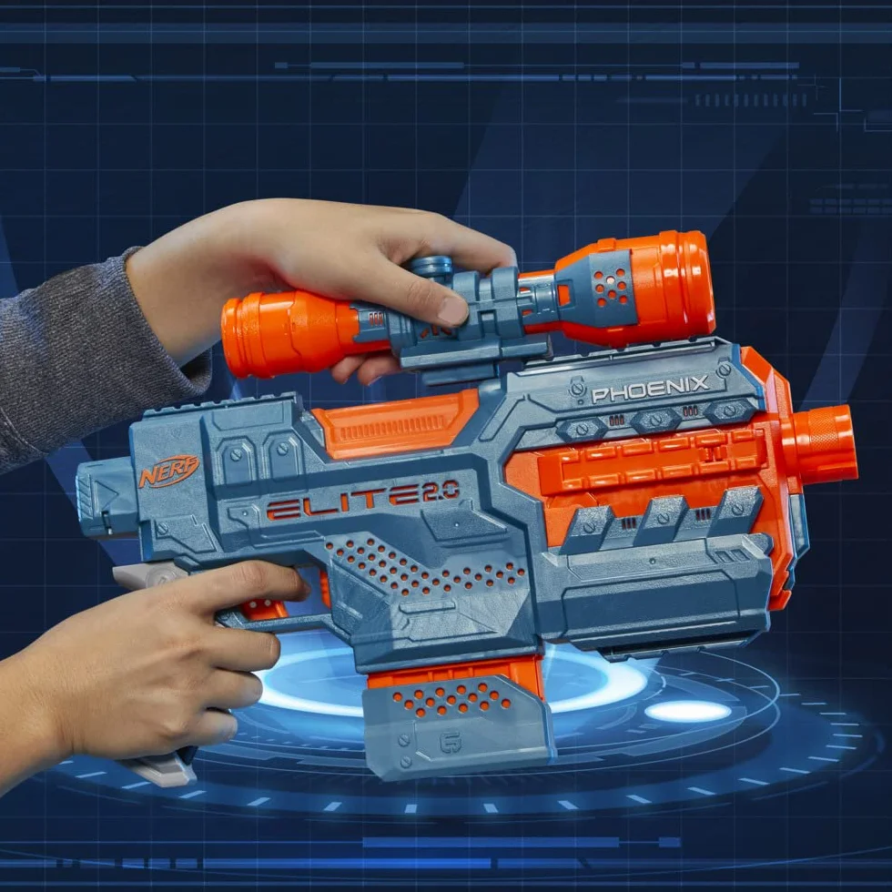 Nerf Blaster z napędem Elite 2.0 Phoenix CS-6, 12 Nerf Rzutki, teleskop, magazyn klipów, z opcjami rozszerzenia