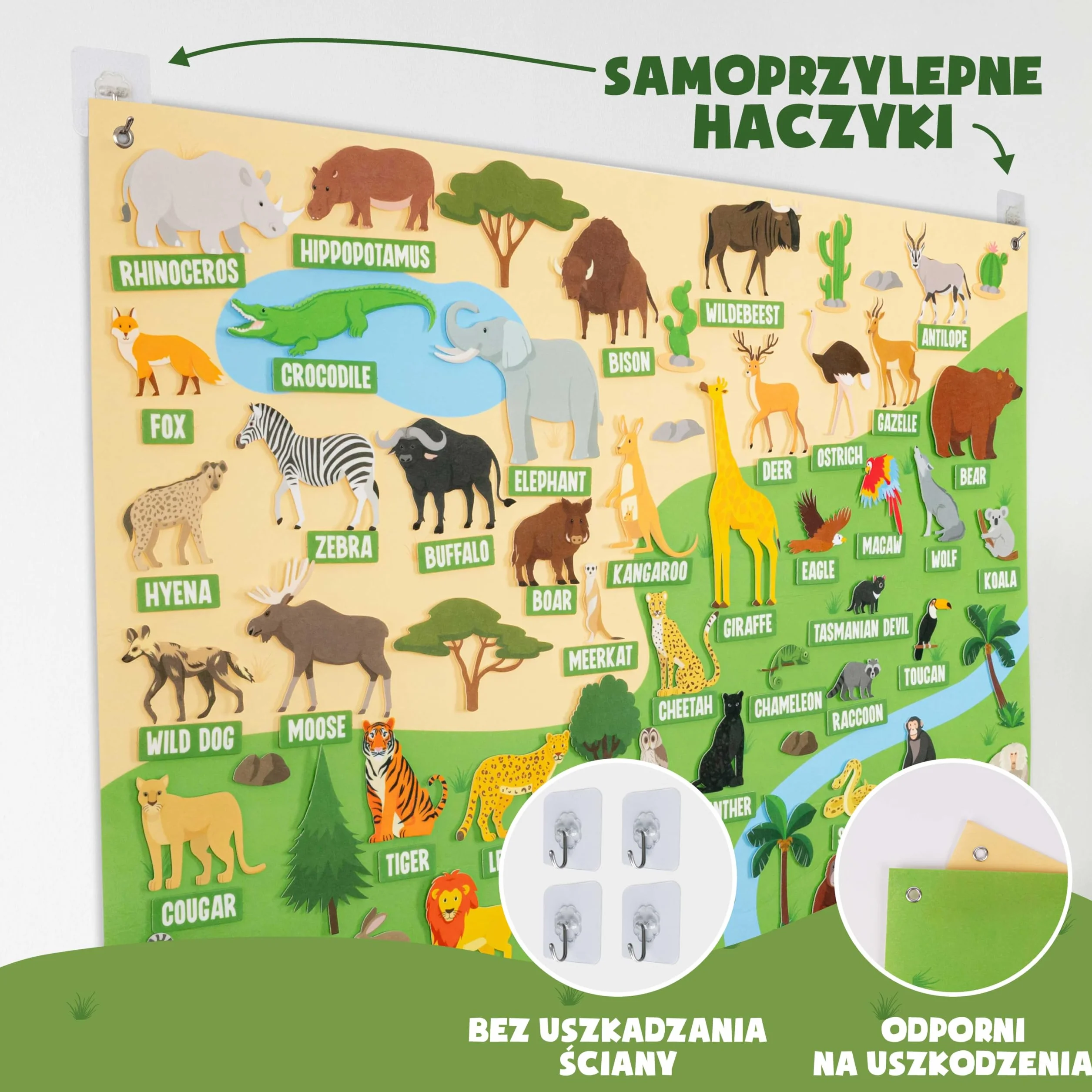 BONNYCO Tablica Filcowa z 116 Figurkami Zwierząt Dżungli. Zabawki Montessori, Prezenty Urodzinowe dla Dzieci w Wieku 3-8 Lat. Panel Sensoryczny dla Autystów, Edukacyjne Materiały