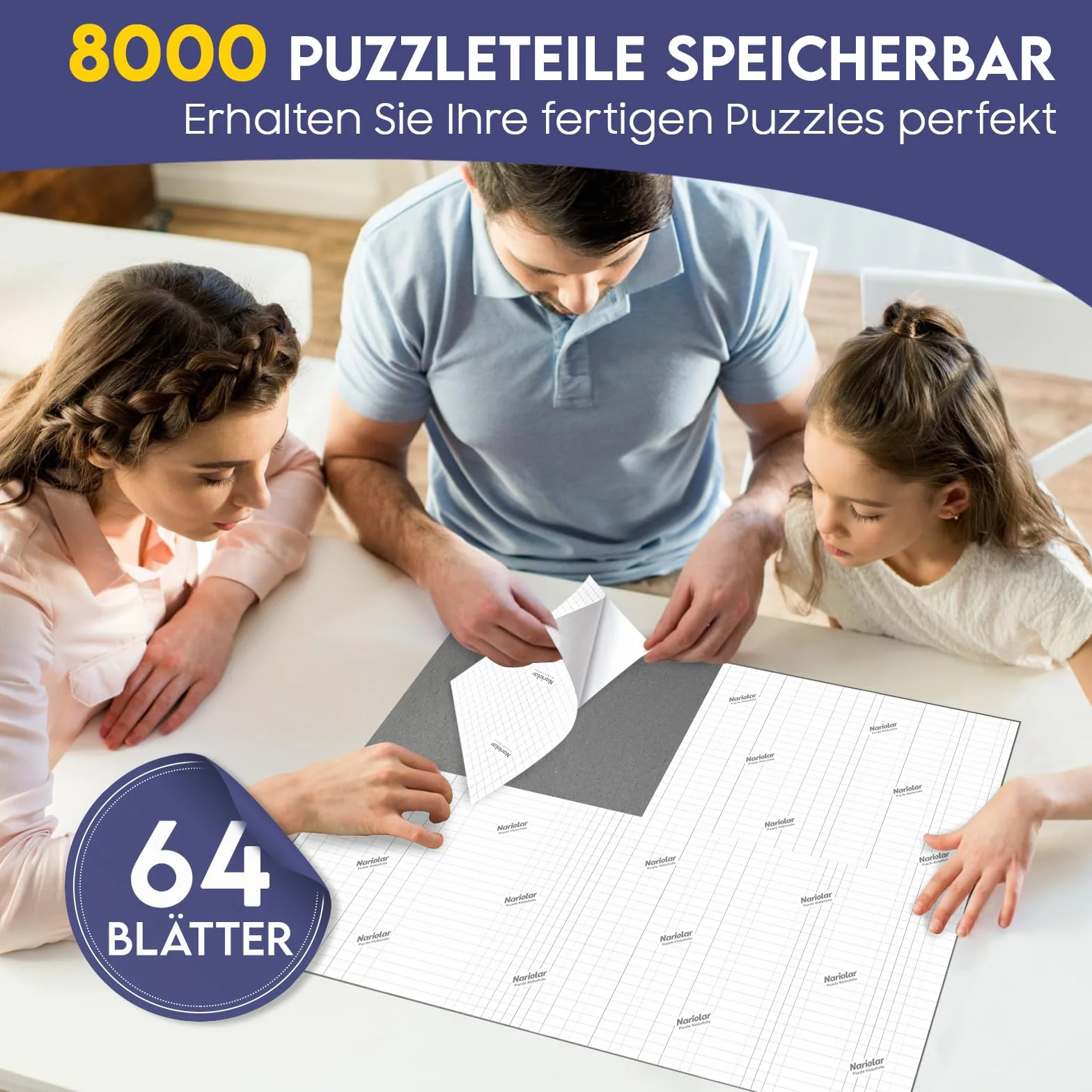 Nariolar Ultra-przyczepna folia samoprzylepna, 64 super klej do puzzli, do otrzymania 8 x 1000 elementów i do ochrony puzzli w ciągu zaledwie kilku minut