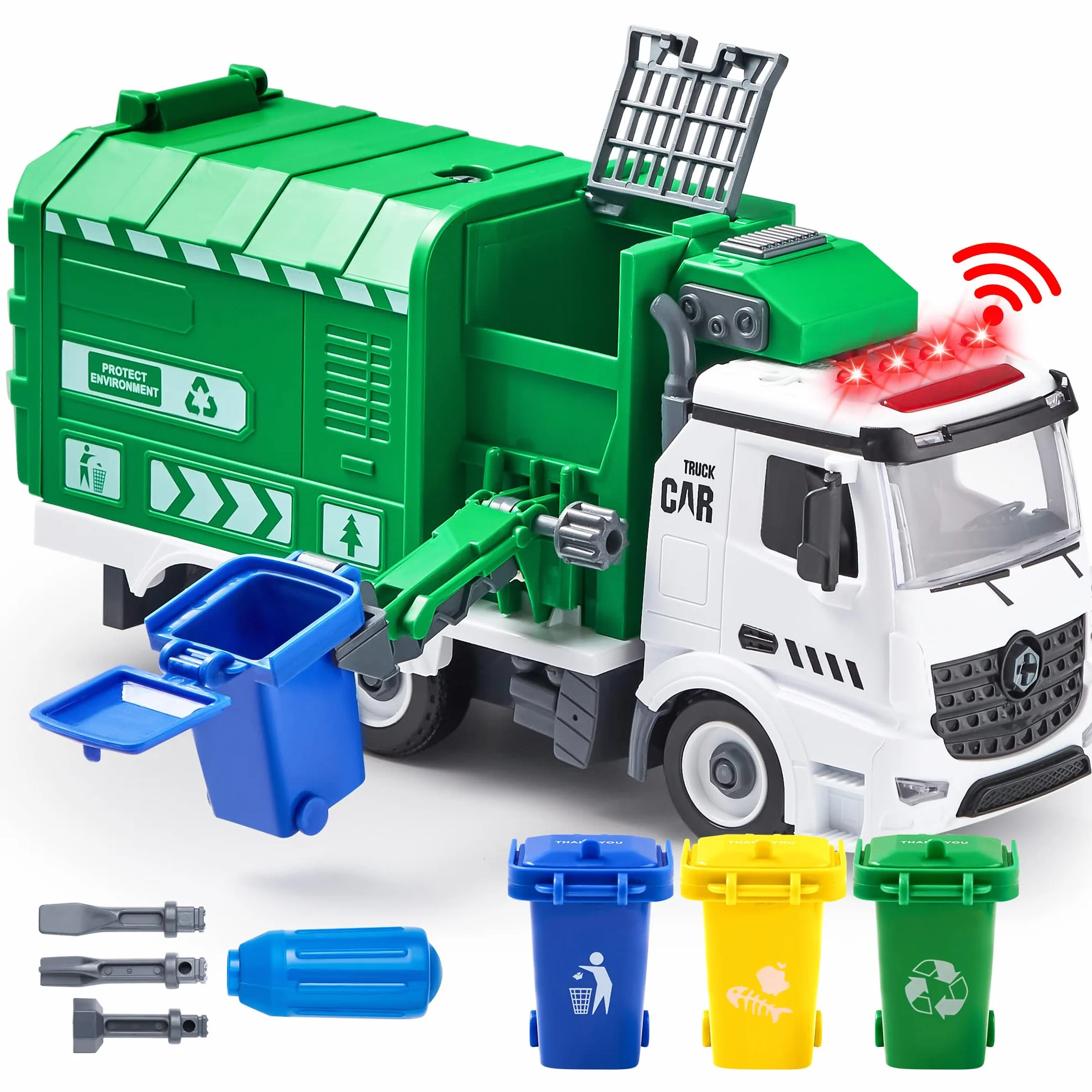 Rozkłada śmieciarka Joyin Jumbo, napędzana tarciem, recykling, zabawka z oświetleniem i dźwiękami, 3 kosze na śmieci, śrubokręty, zabawka, do samodzielnego montażu