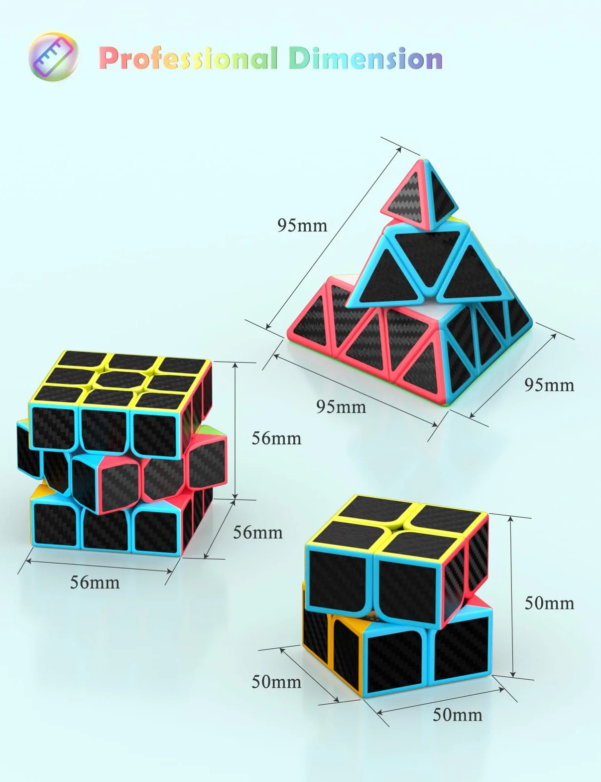 ROXENDA Magiczna Kostka, Speed Cube Set 2x2 3x3 Piramida Magiczna Kostka Prędkości Zestaw (Włókno węglowe)