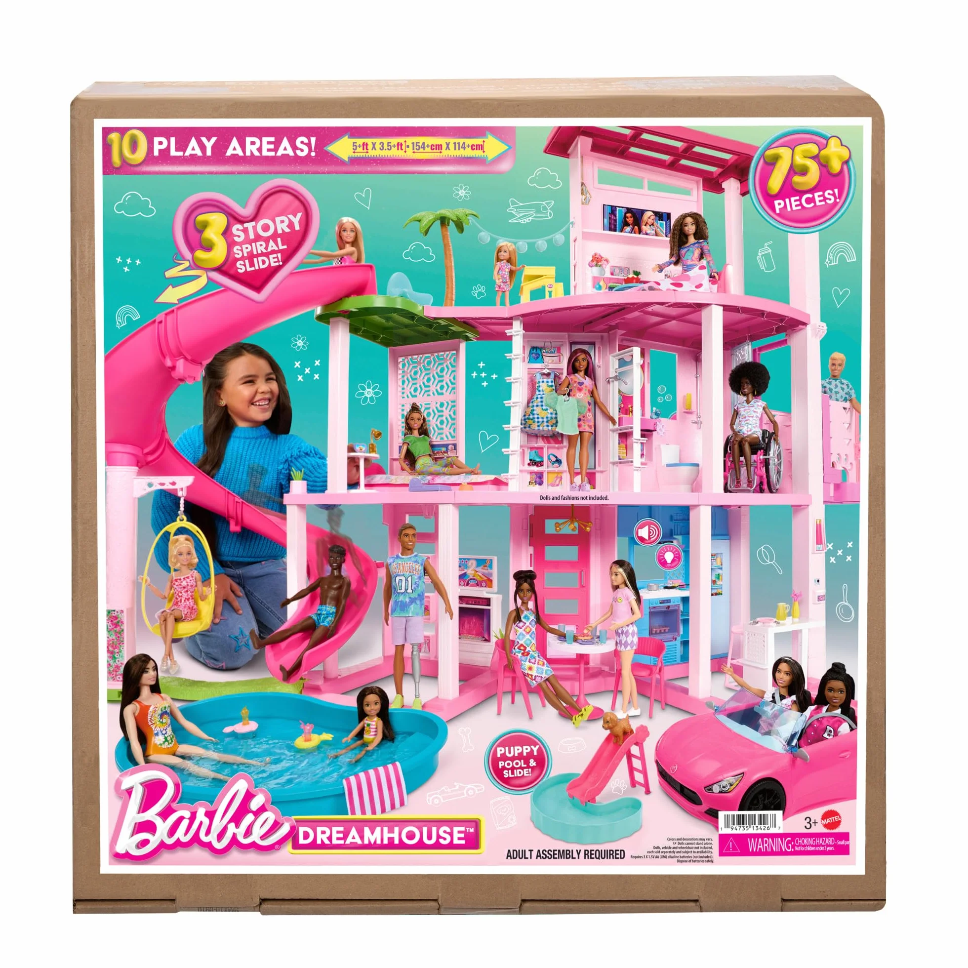 Barbie Dreamhouse Dom Marzeń Domek dla lalek ze zjeżdżalnią sięgającą górnego poziomu, windą i miejscem do zabawy dla zwierzątek oraz ponad 75 akcesoriami, HMX10