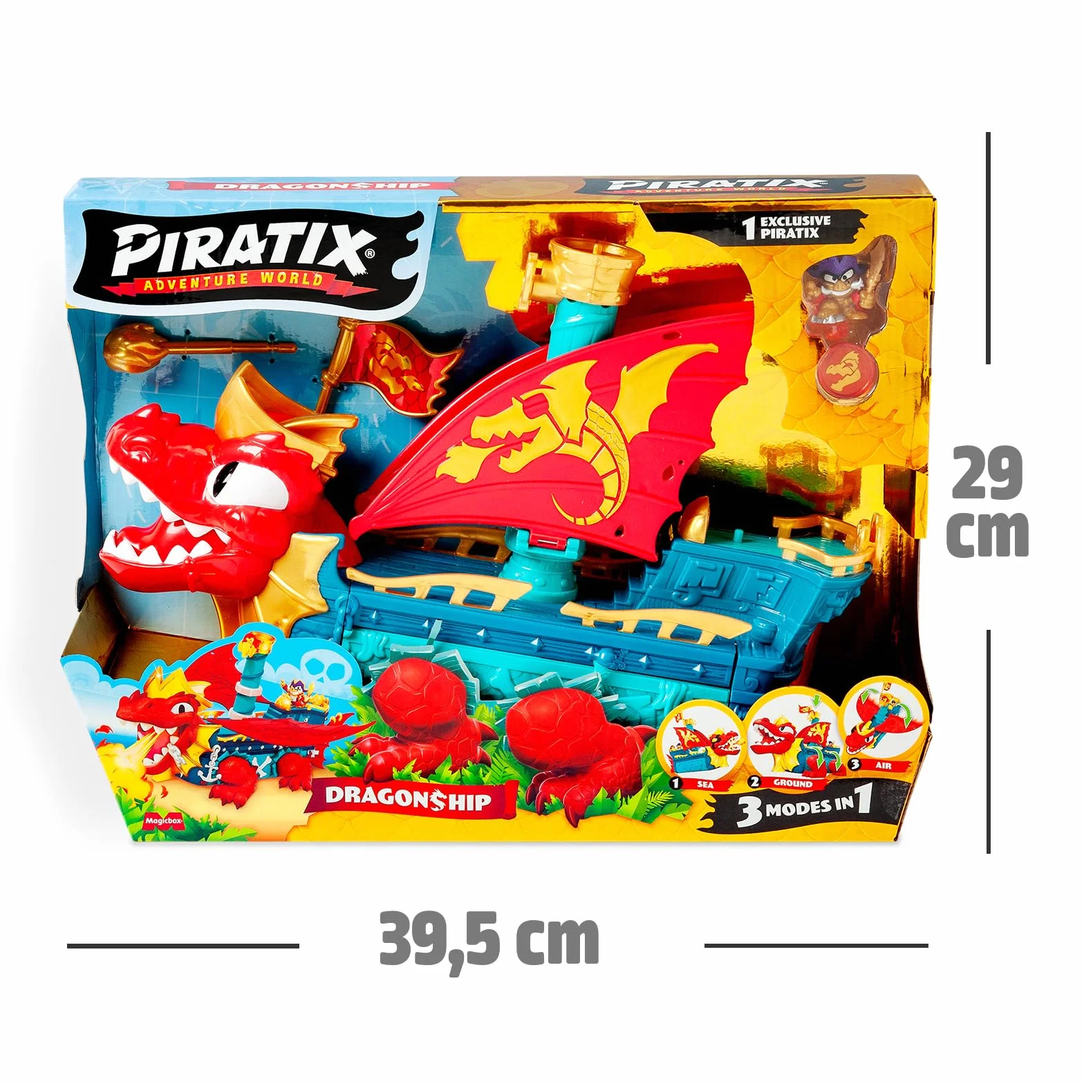 PIRATIX Dragon Ship – smoczy statek z Pyratix, 3 w 1: Ziemia, morze i powietrze. Zawiera 1 statek smoka, 1 ekskluzywny piratik, 1 ekskluzywny skarb, 1 flagę i 1 pocisk