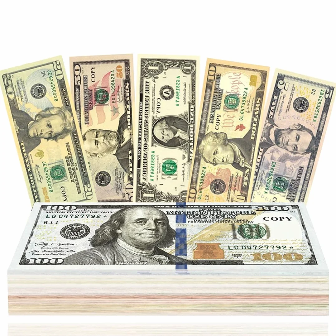 120 arkuszy Scratch Cash, symulowane dolary, zestaw monet do gry, 20 x 1 $, 5$, 10$, 20 $, 50 $, 100 $, pieniądze z filmu Dolar, Playset gotówkowy na rekwizyty kinowe, gry kasynowe